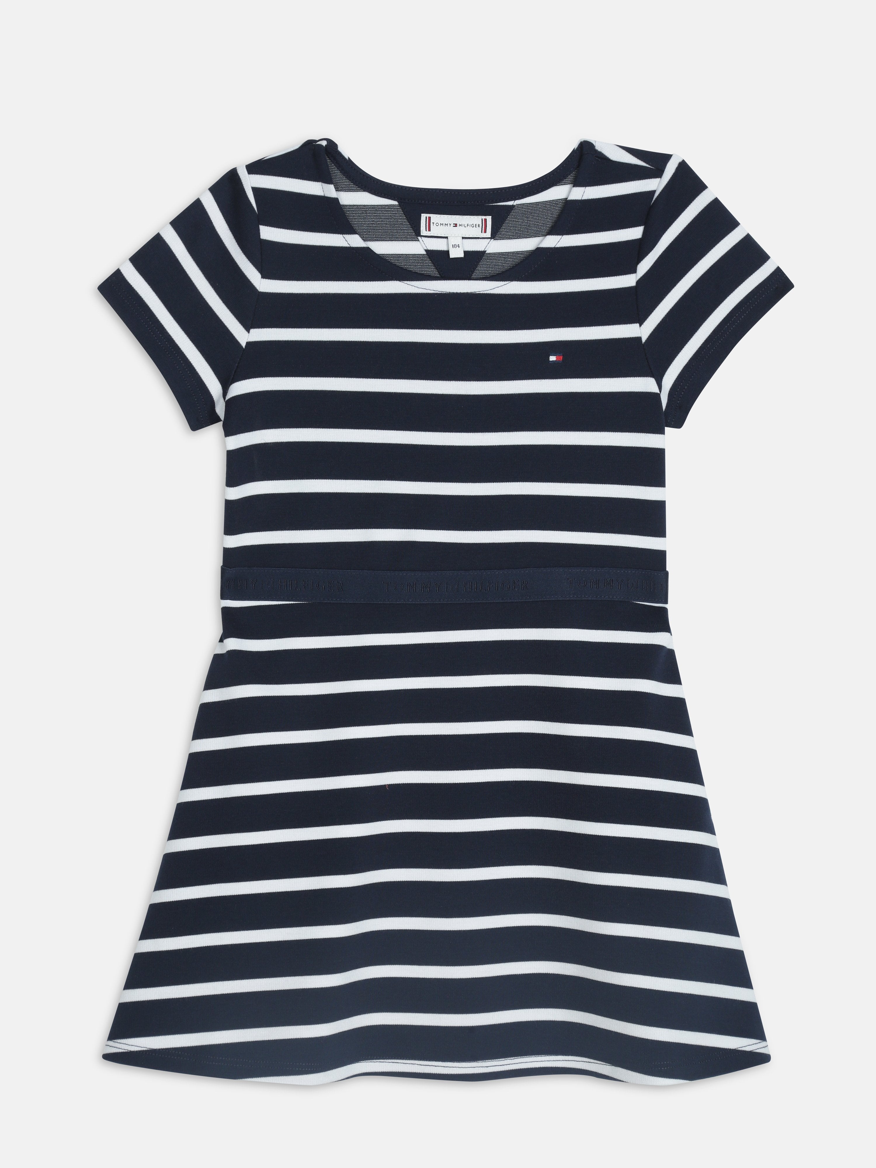 Girls Navy Striped Half Sleeve A-Line Knit Dress