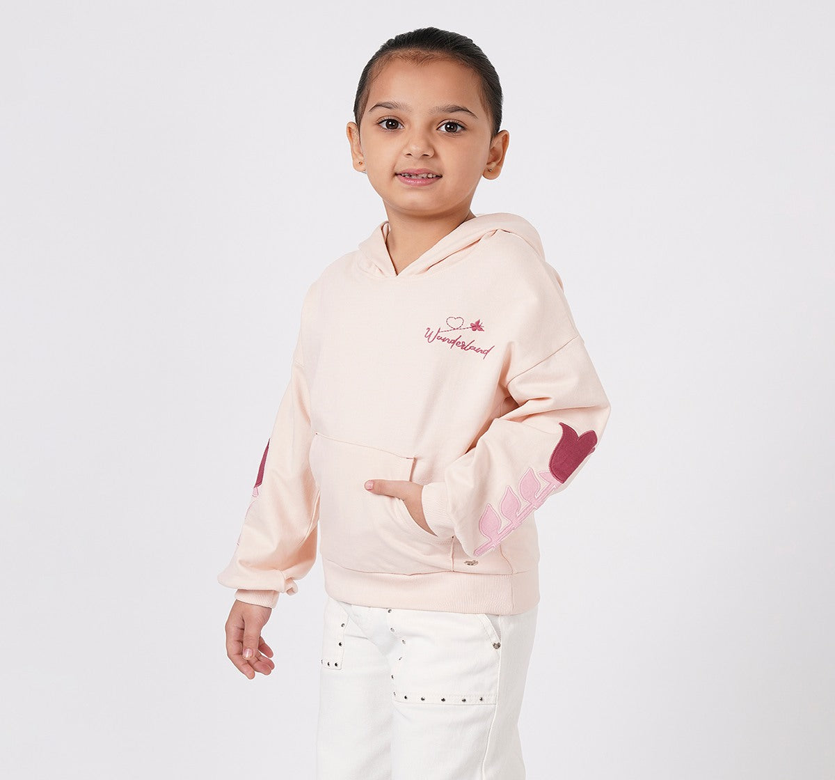 Hooded Sweatshirt with Emb and Applique Pink