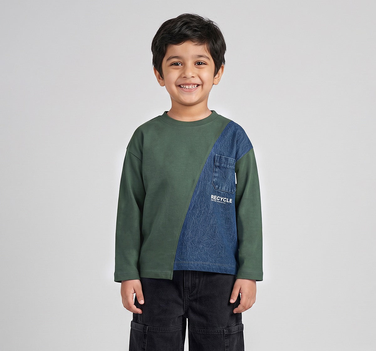 Looper T-Shirt with Denim Applique Green