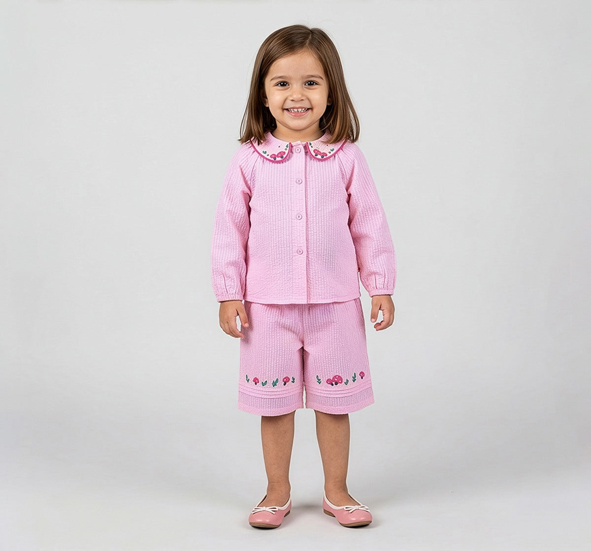 Solid Top & Pant Set with Embroidery Pink