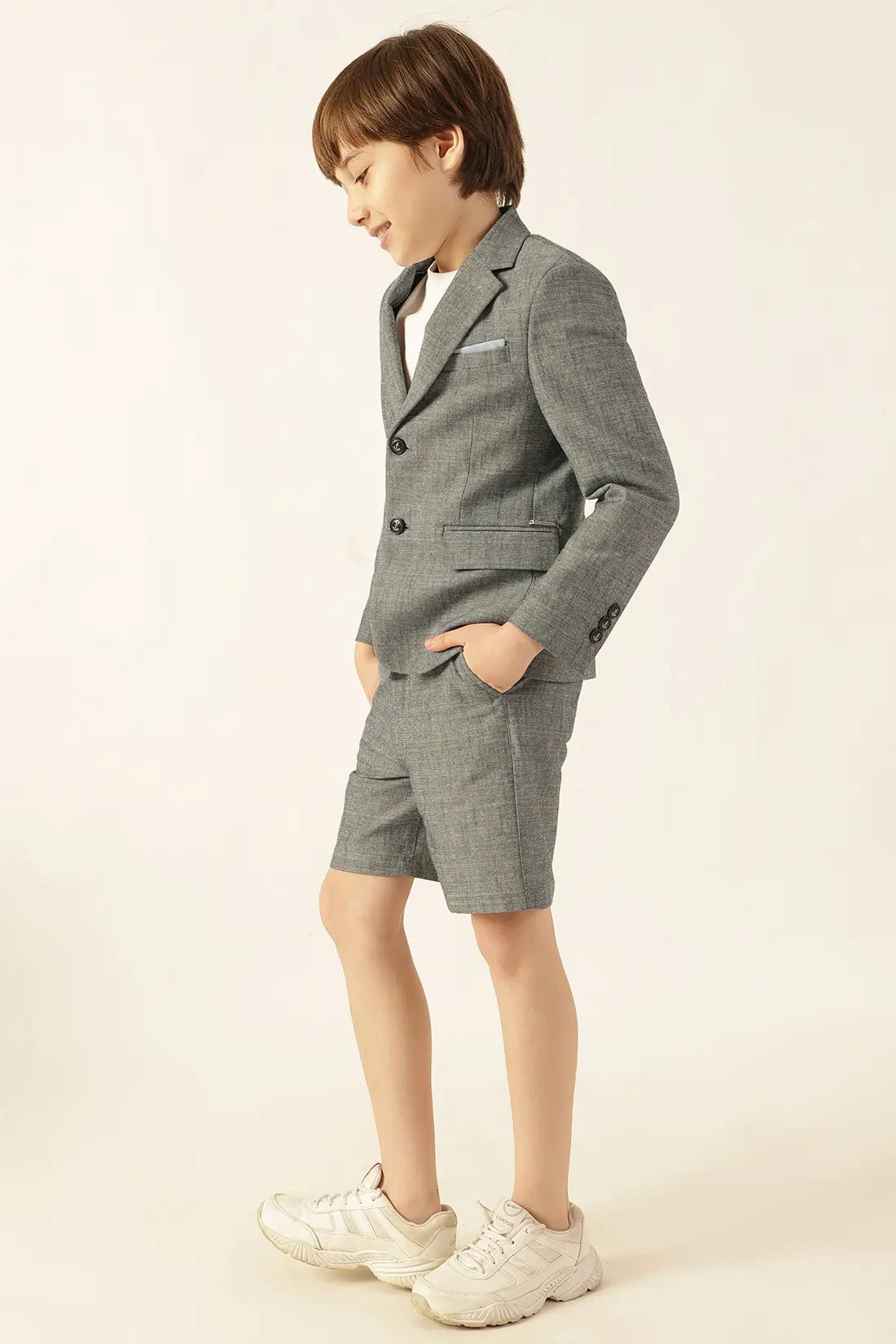Boys Blue Solid Chambray Cotton Shorts