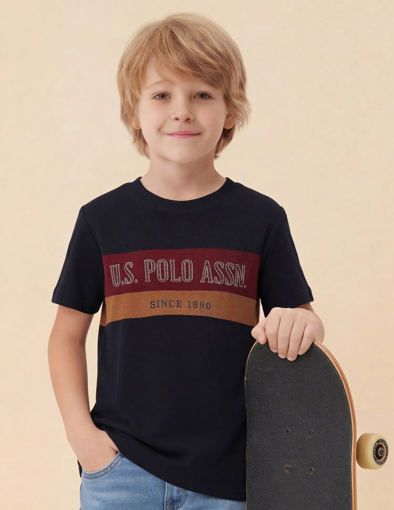 Boys Navy Cotton Colour Block Logo T-Shirt
