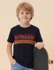Boys Navy Cotton Colour Block Logo T-Shirt