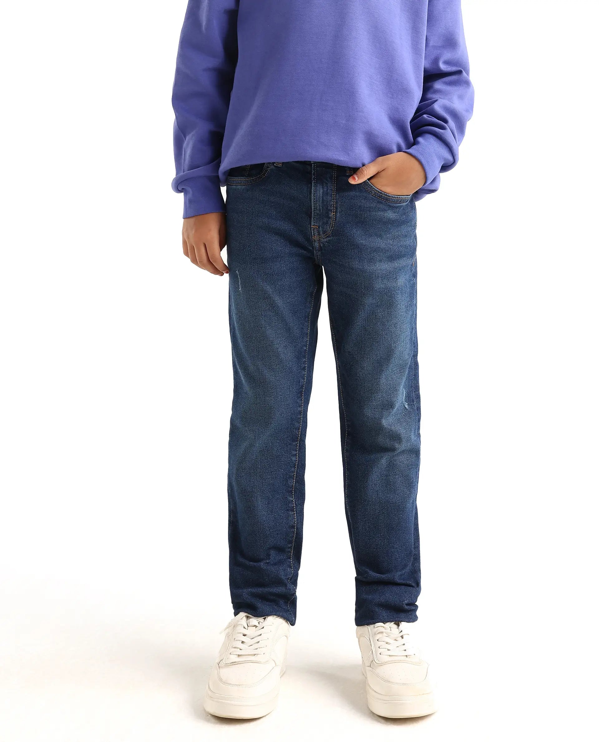 Boys Dark Blue Slim Fit Button-Zip Jeans
