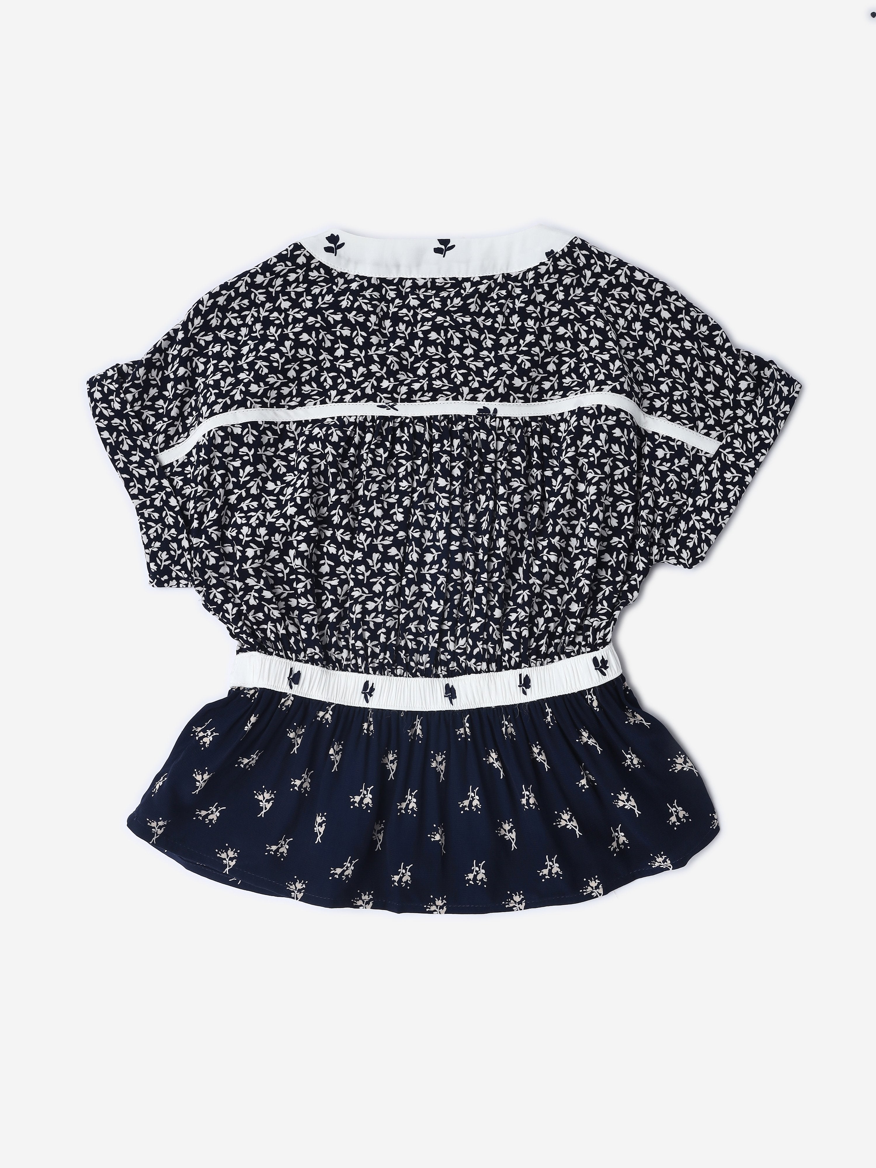 Girls Navy Printed Viscose Blend Casual Woven Top
