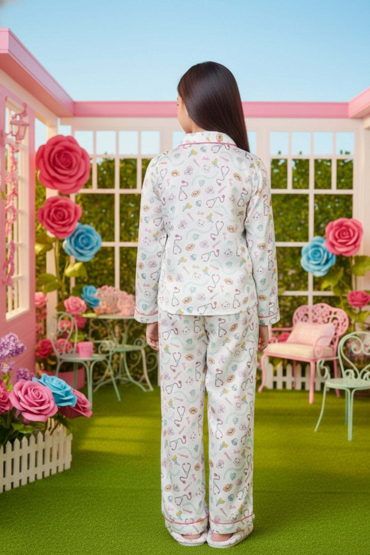 Barbie White Satin Printed Night Suit
