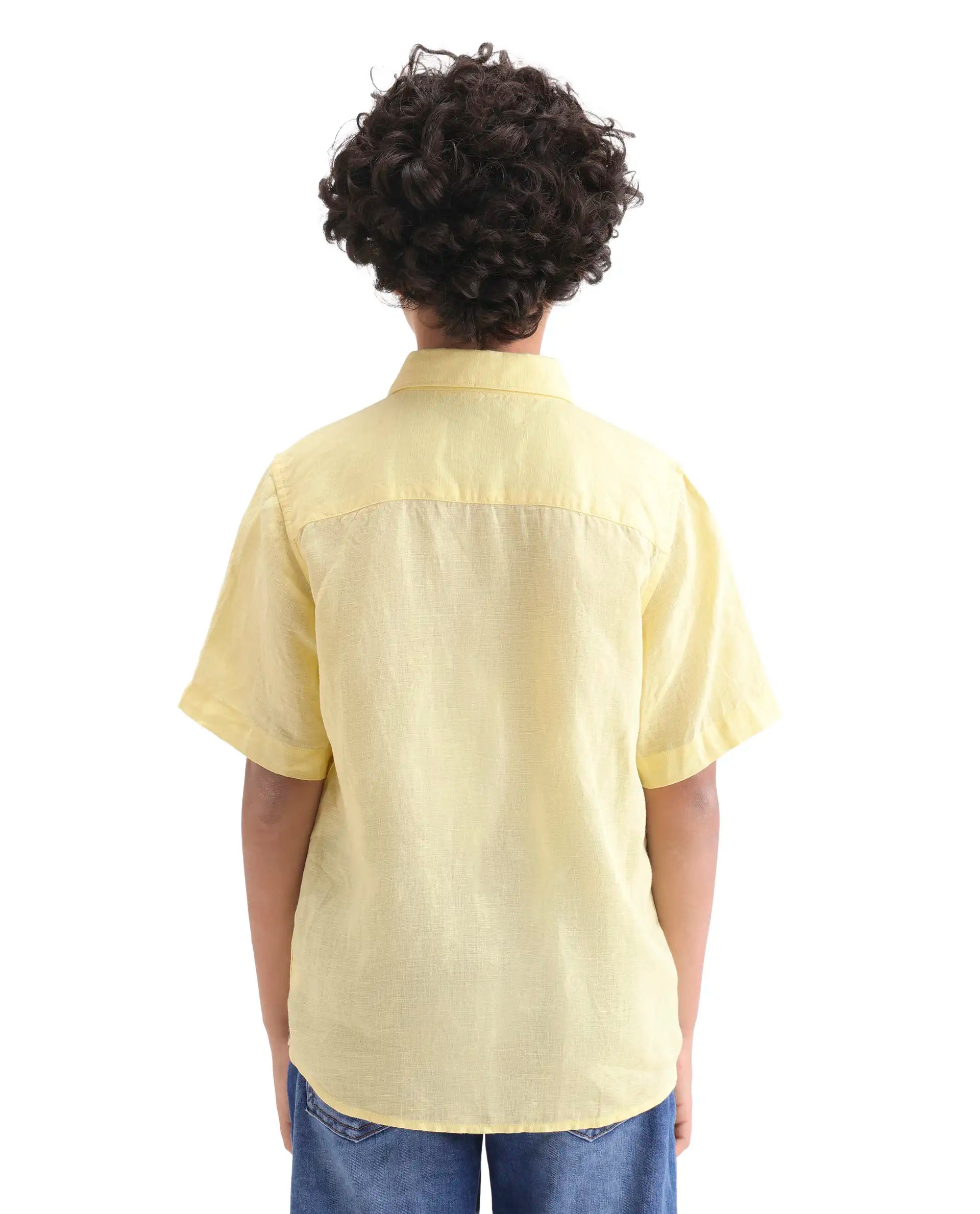 Boys Yellow Linen Blend Regular Fit Shirt