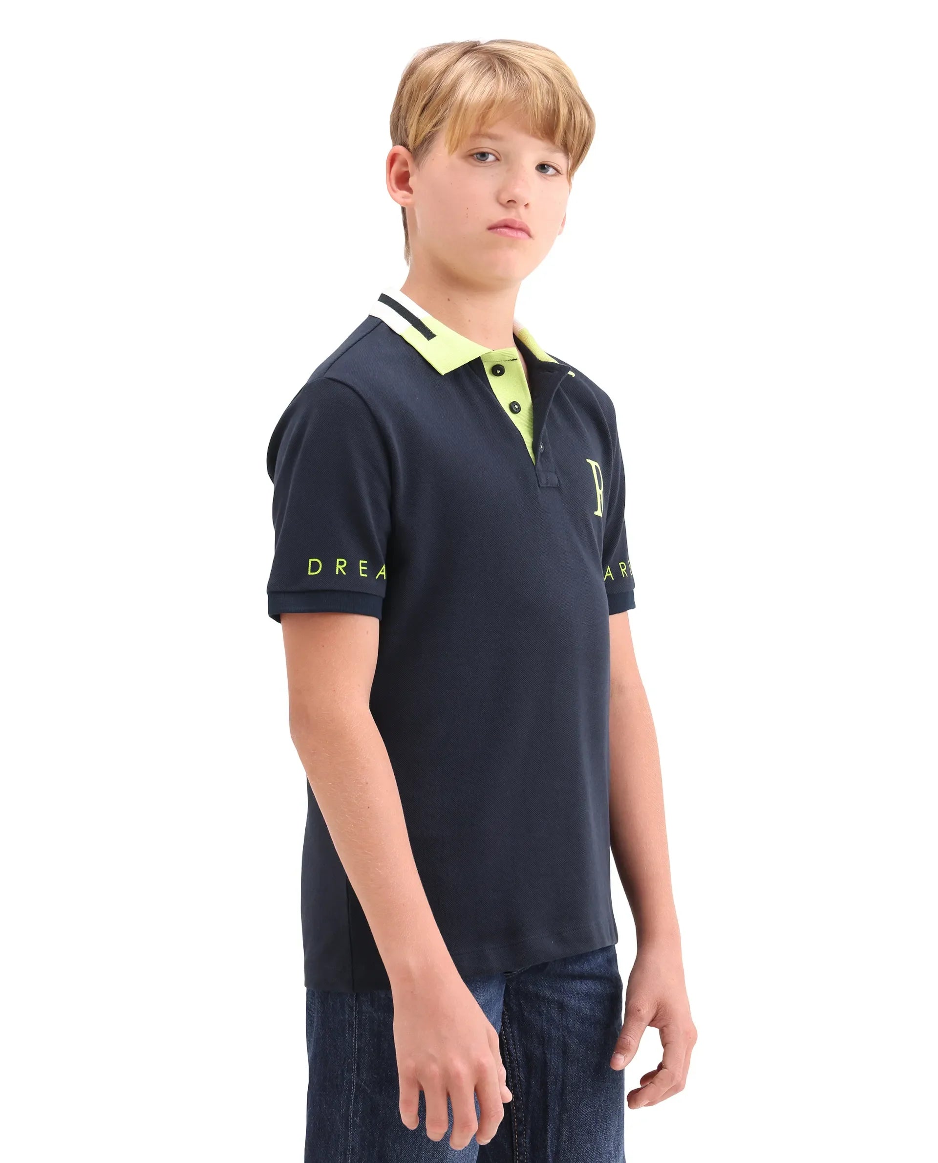 Boys Navy Pigment Print Cotton Regular Fit Polo