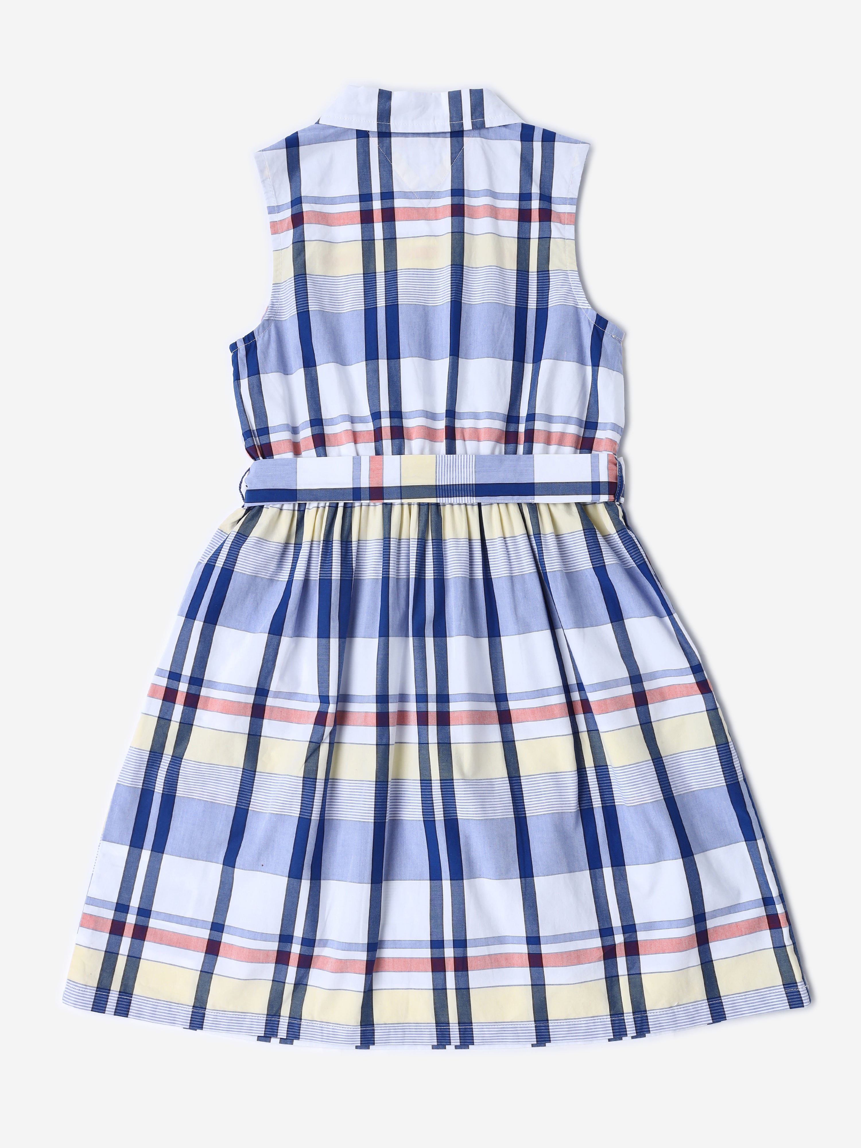 Girls White Checked BCI Cotton Sleeveless Casual Dress