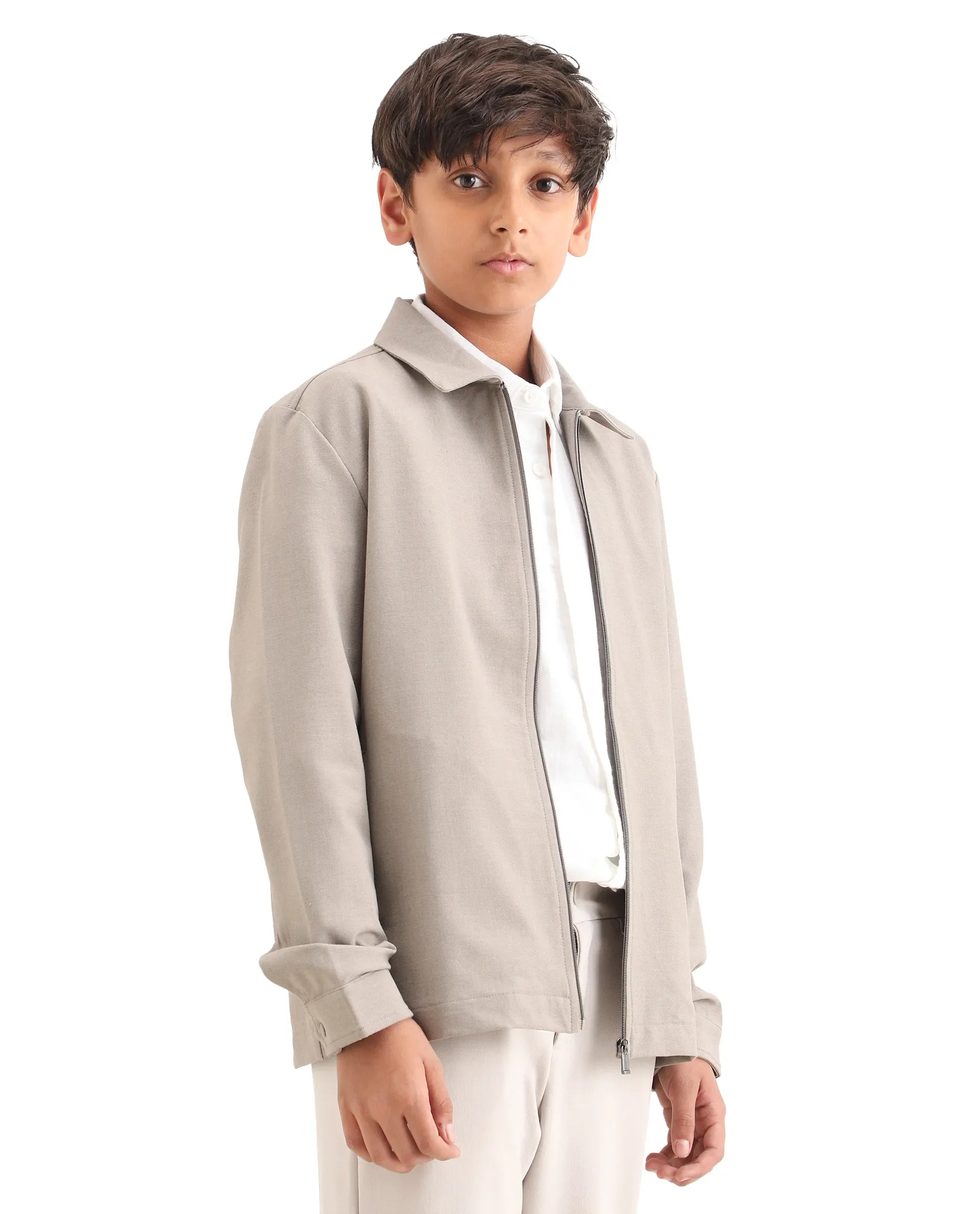 Boys Beige Polyester Blend Zipper Shacket
