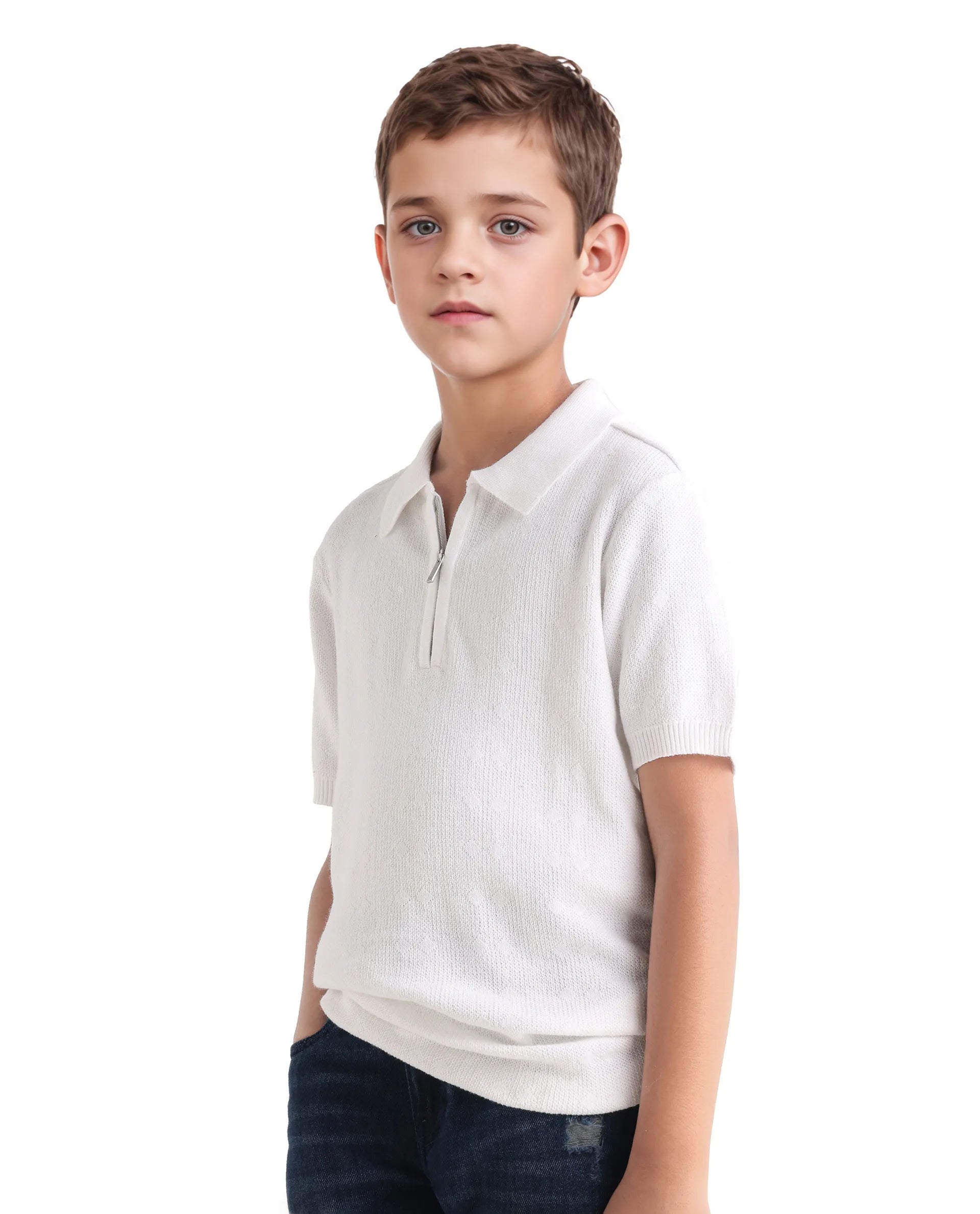 Boys Off White Jacquard Zipper Polo Shirt