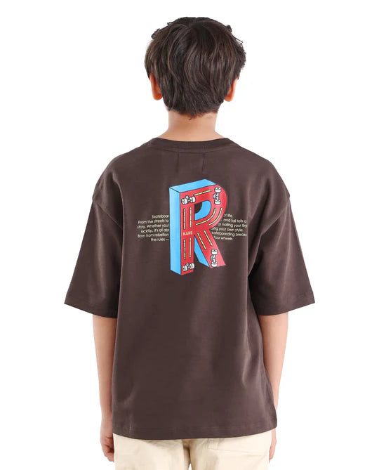 Rare Ones Boys Dark Brown Puff Print Boxy Cotton T-Shirt