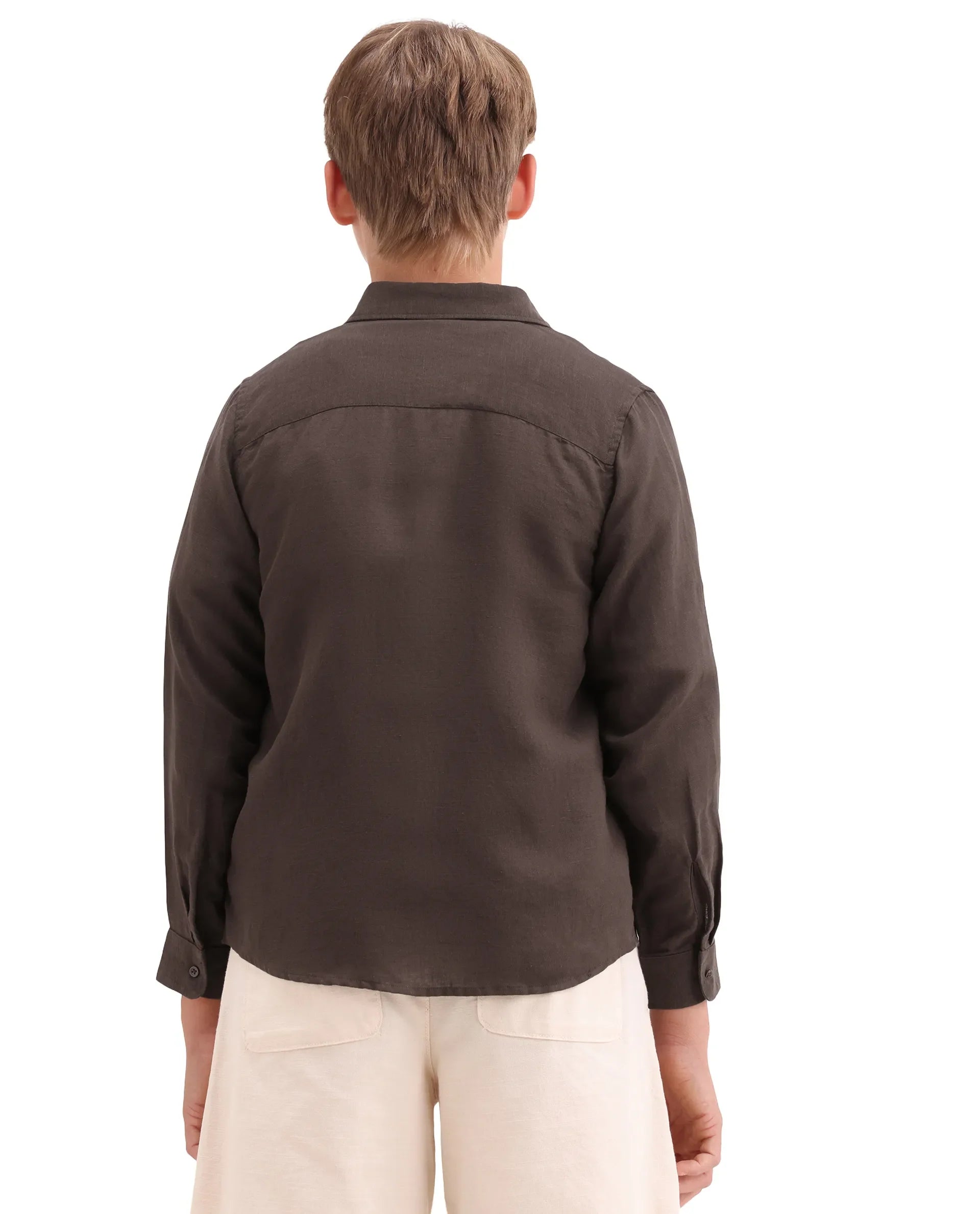 Boys Dark Brown Linen Blend Regular Fit Shirt