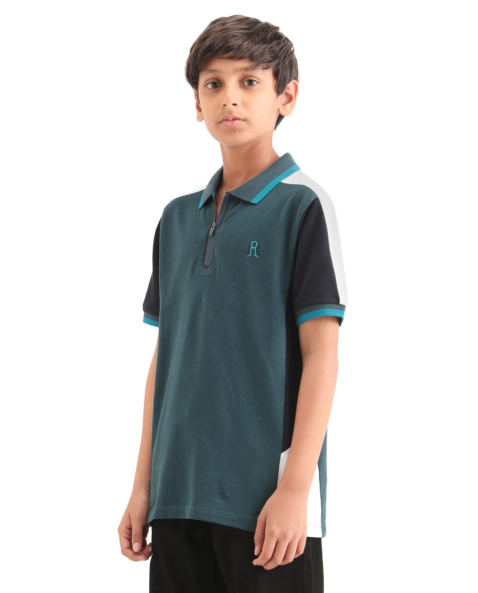 Boys Teal Embroidered Zipper Polo Shirt