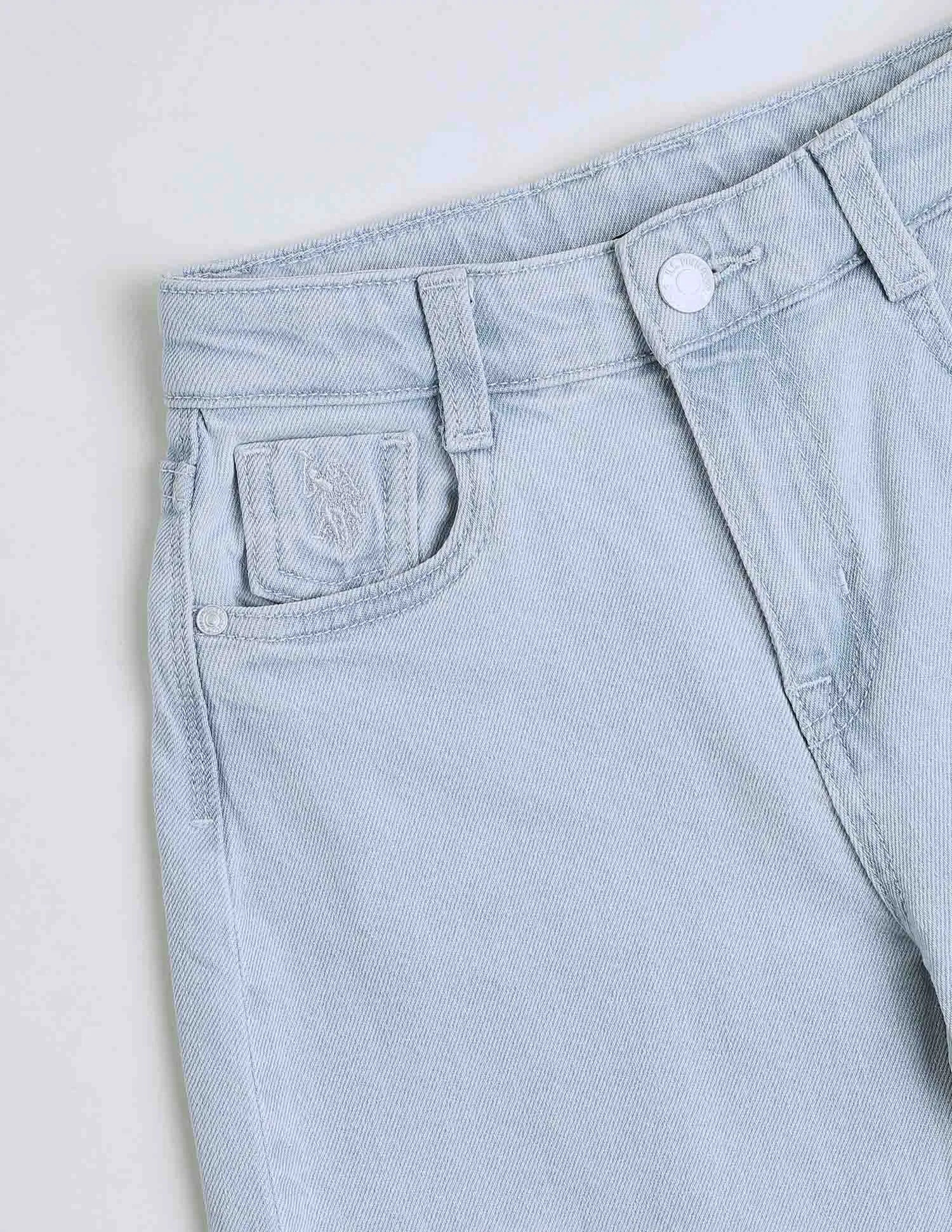 Girls Light Blue Cotton Mid Rise Barrel Fit Jeans