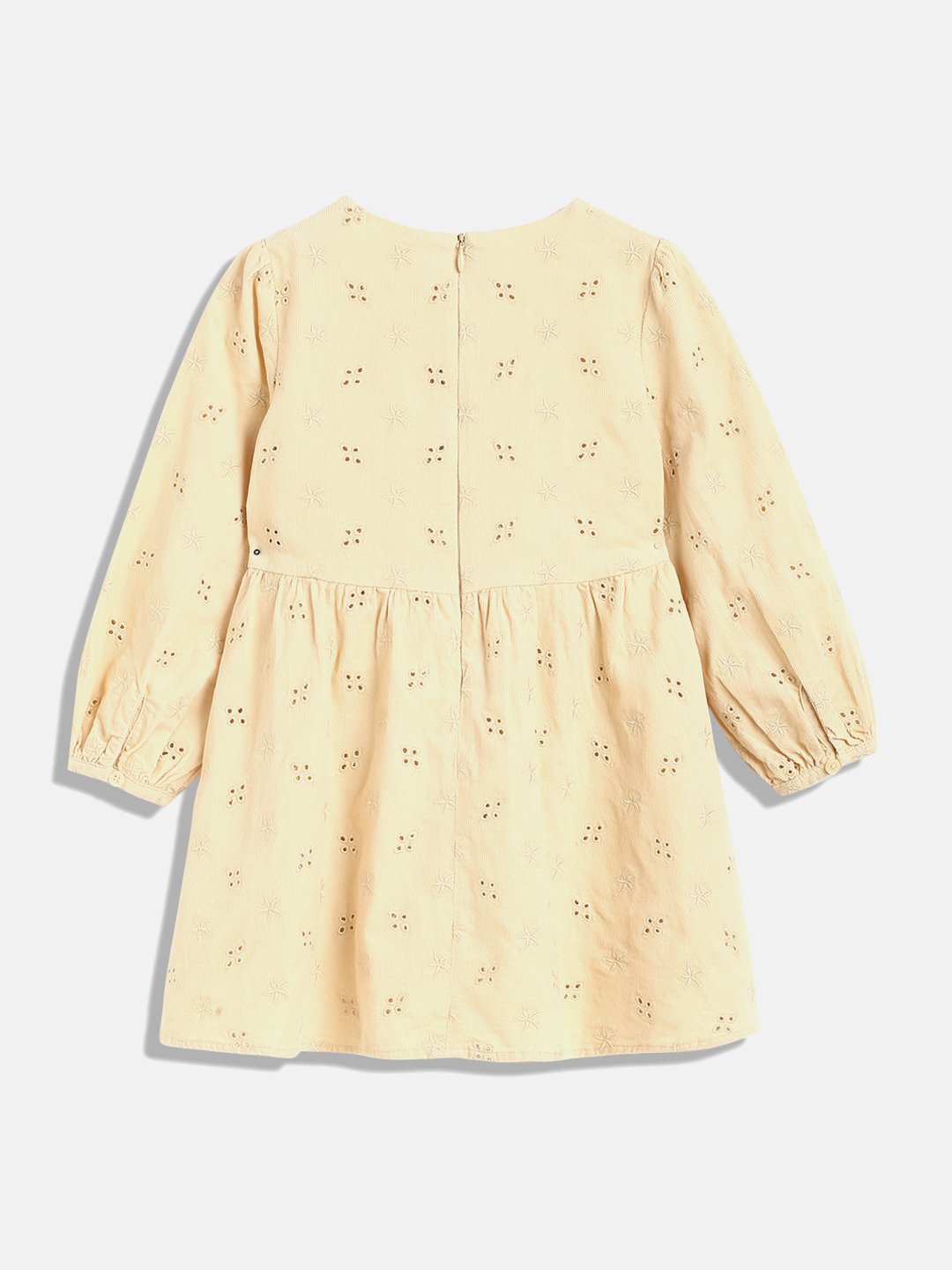 Girls Beige AOP Knee Length Cotton Dress with Full Sleeves