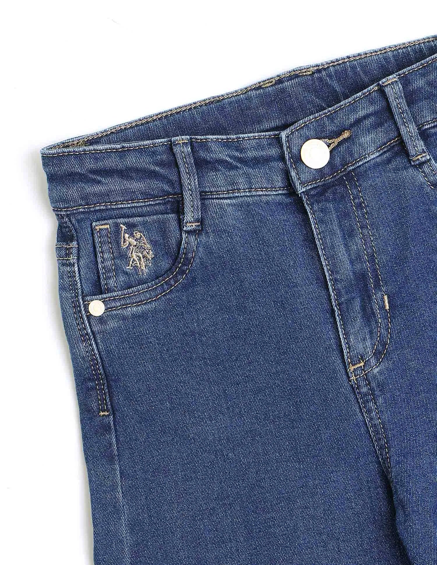 Girls Mid Blue Cotton Wide Leg Fit Jeans