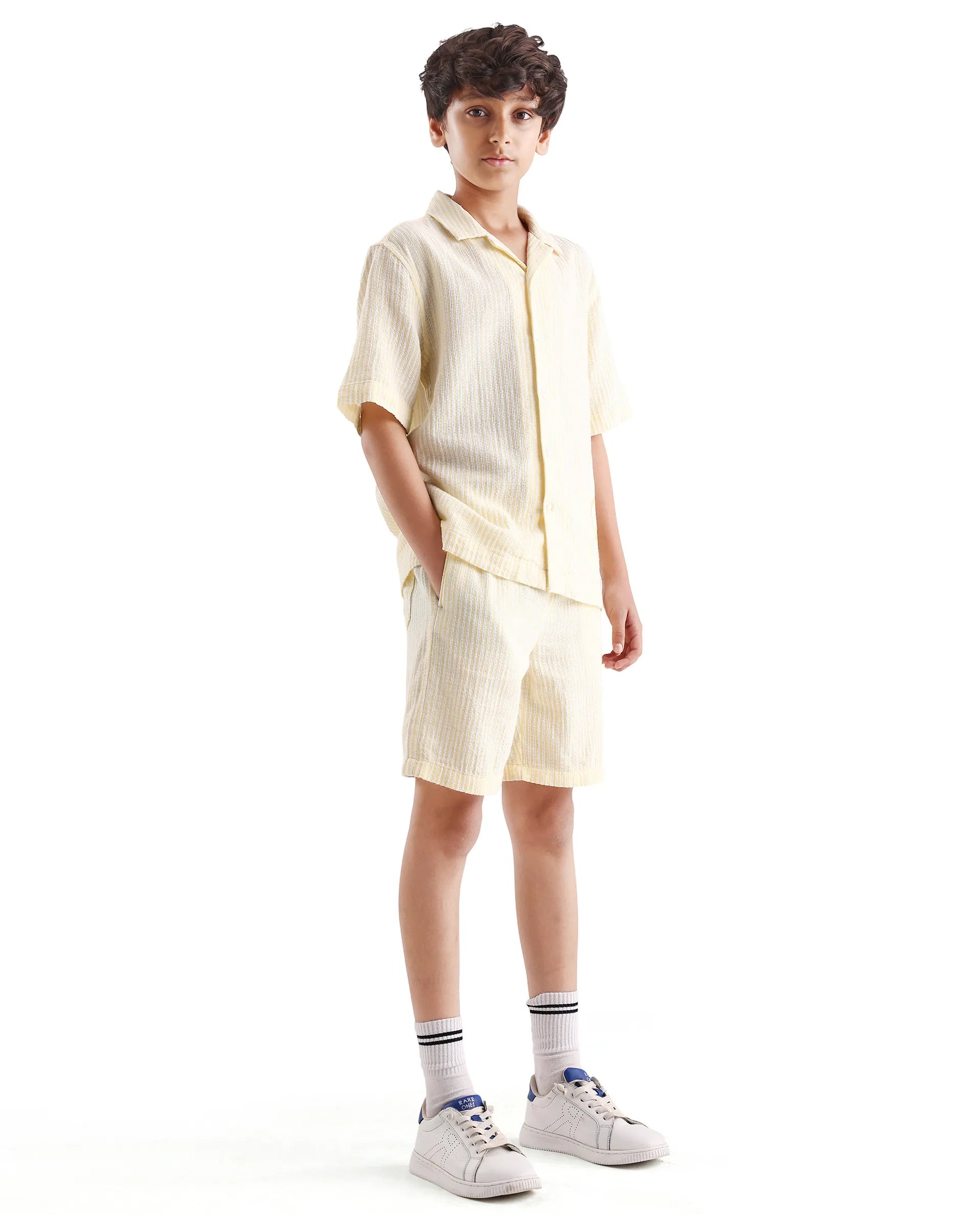 Boys Yellow Cotton Linen Regular Fit Shorts