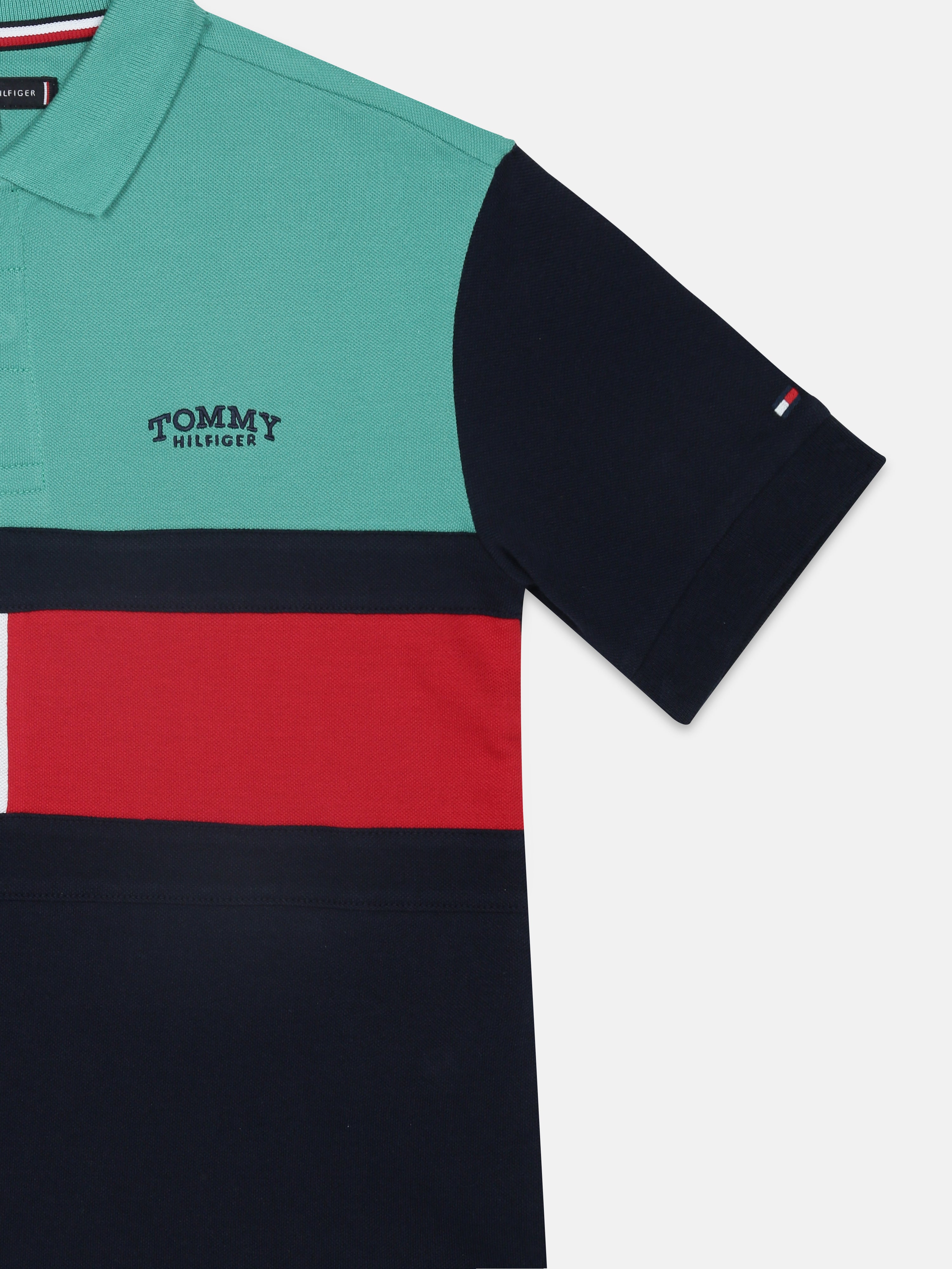 Boys Green Colorblock Cotton Polo Knit Top
