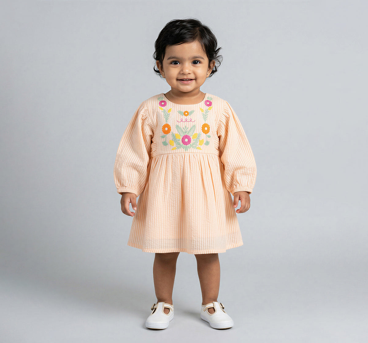 Seersucker Dress with Embroidery Peach