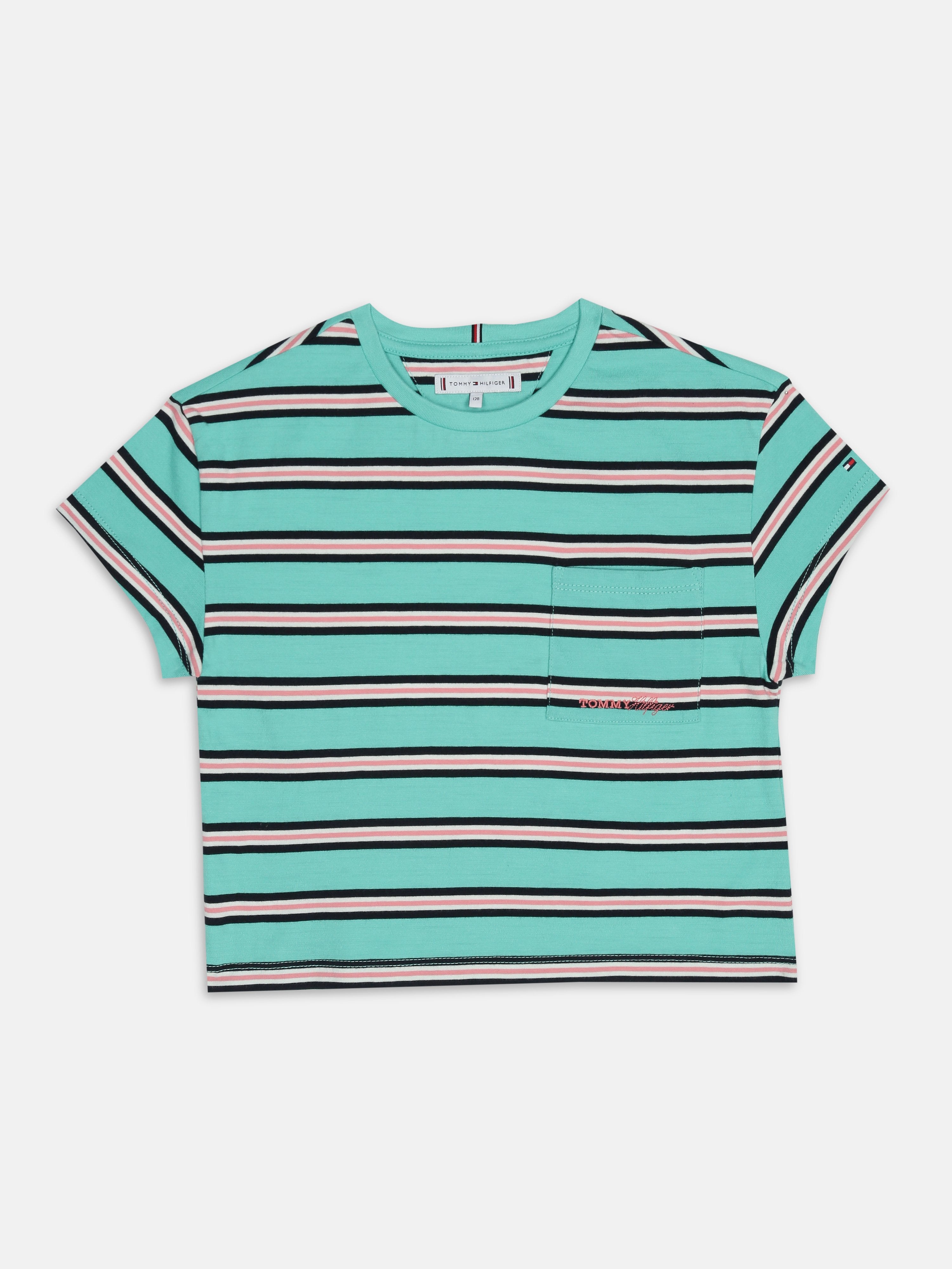 Girls Green Striped Crew Neck Knit T-Shirt