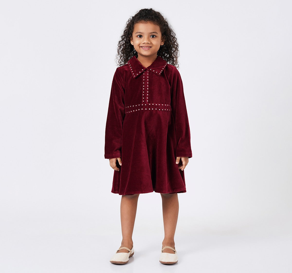 Collar Dress with Silver Metal Studs Burgundy