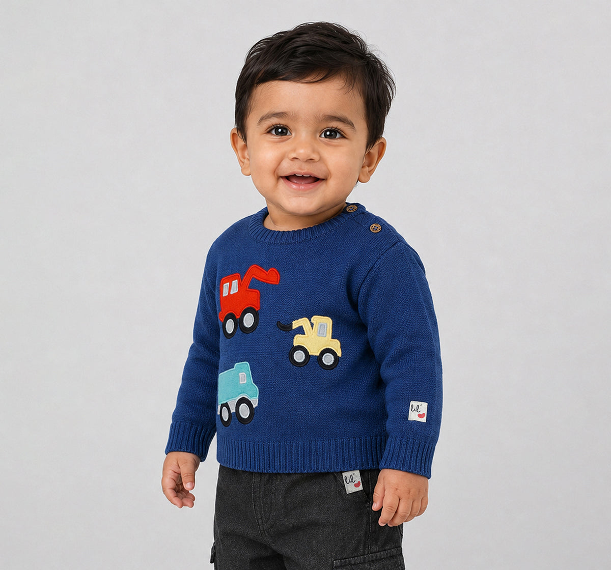 Sweater with Vehicle Flatknit Appliques Blue