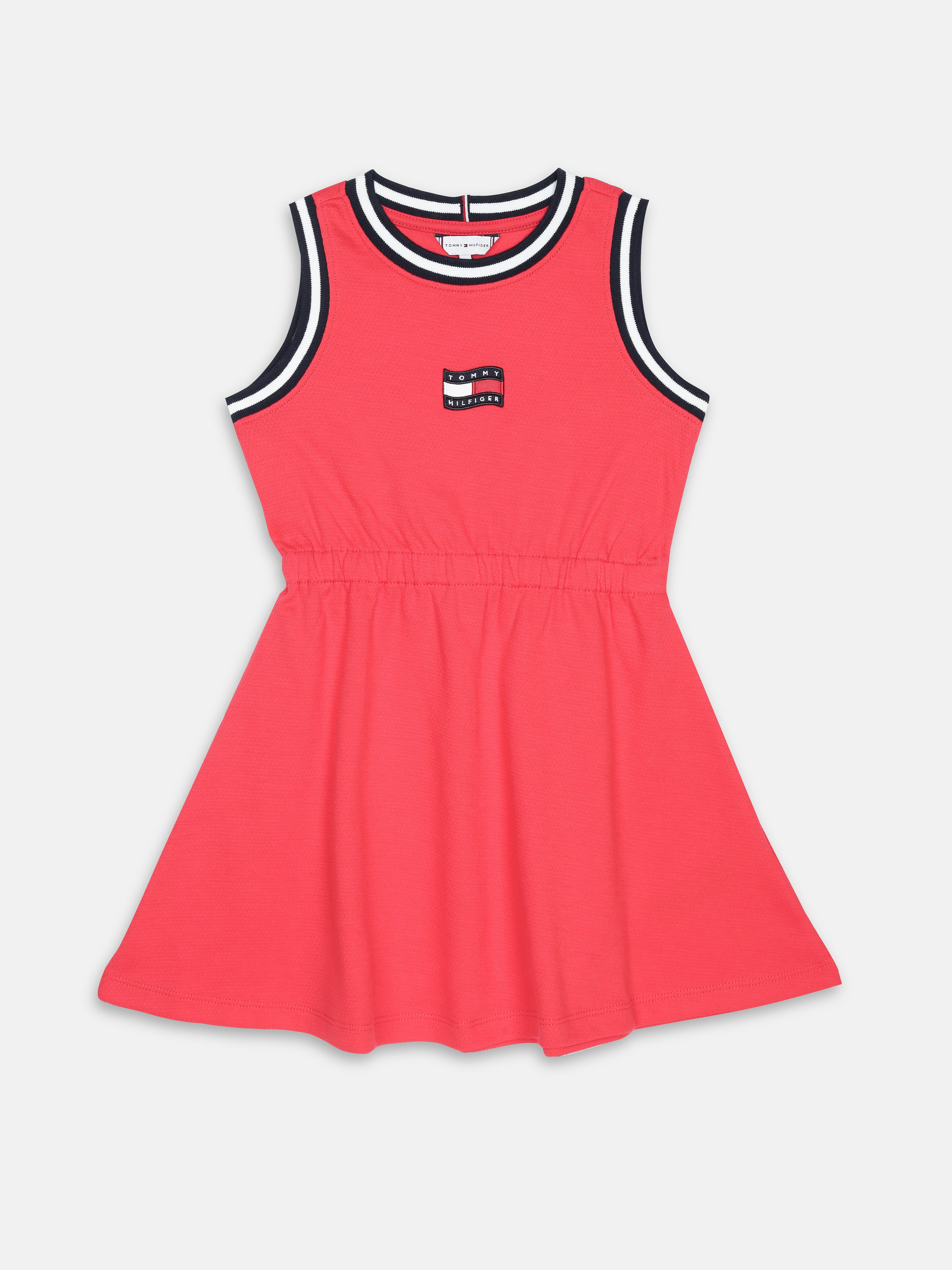 Girls Red Sleeveless Skater Dress with Crew Neck