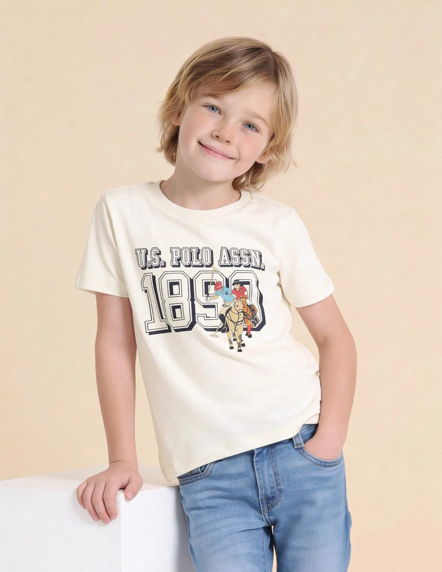 Boys Off White Cotton Graphic Print Regular Fit T-Shirt