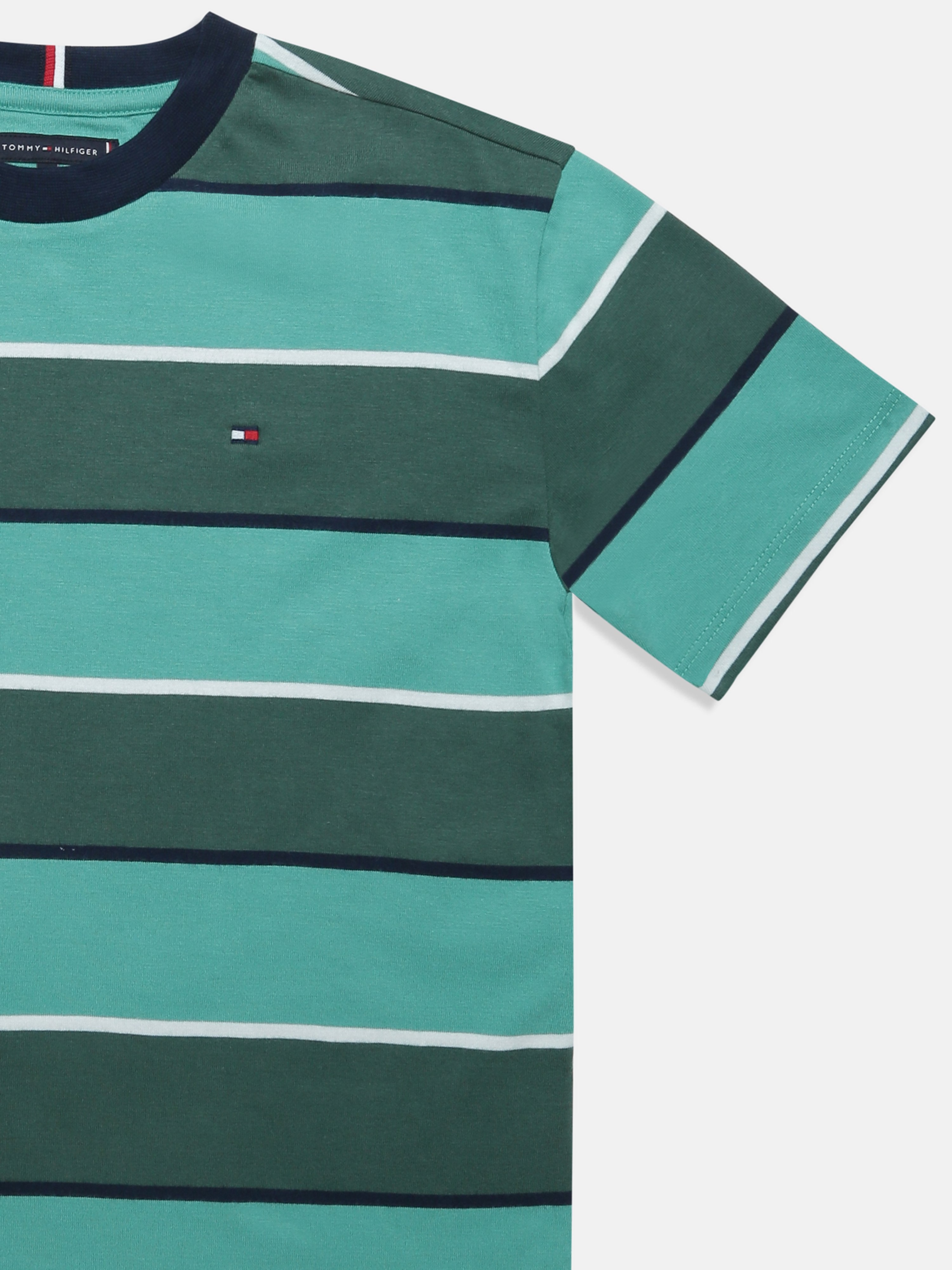Boys Green Striped Crew Neck Knit T-Shirt