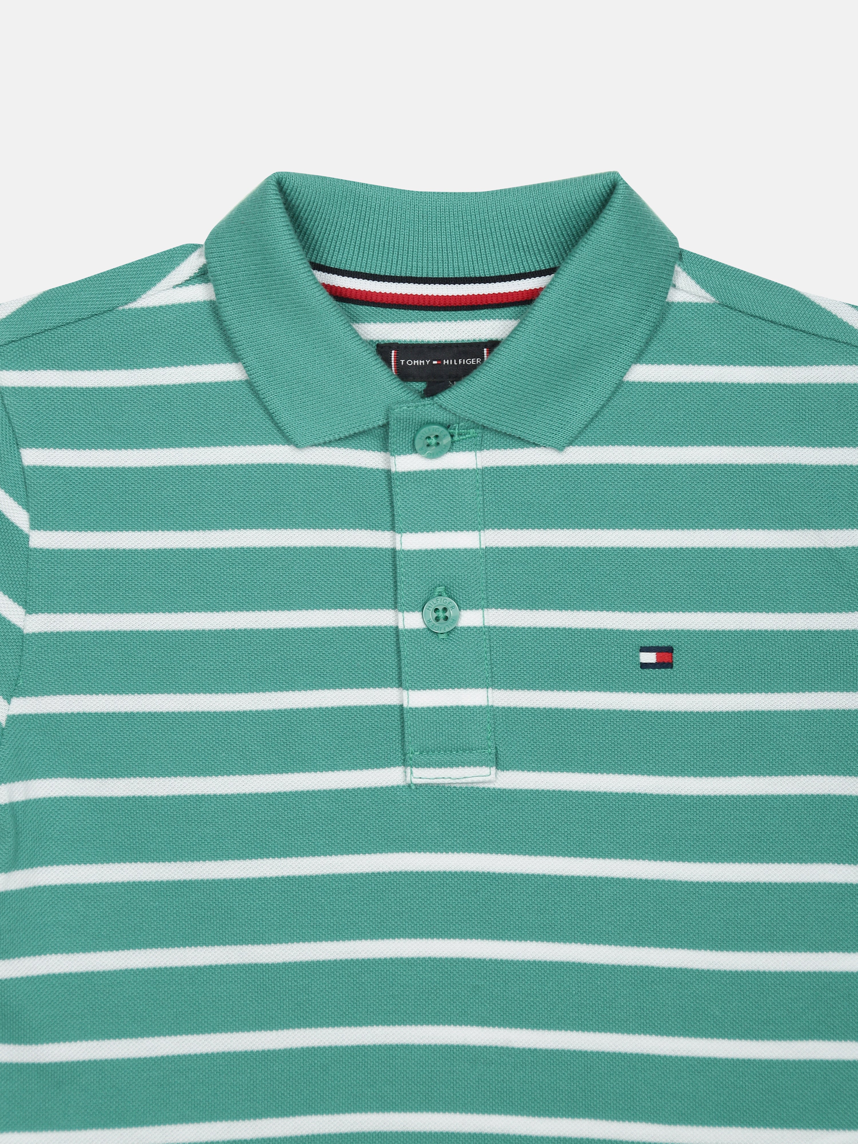 Boys Green Striped Cotton Polo Knit Top Regular Fit