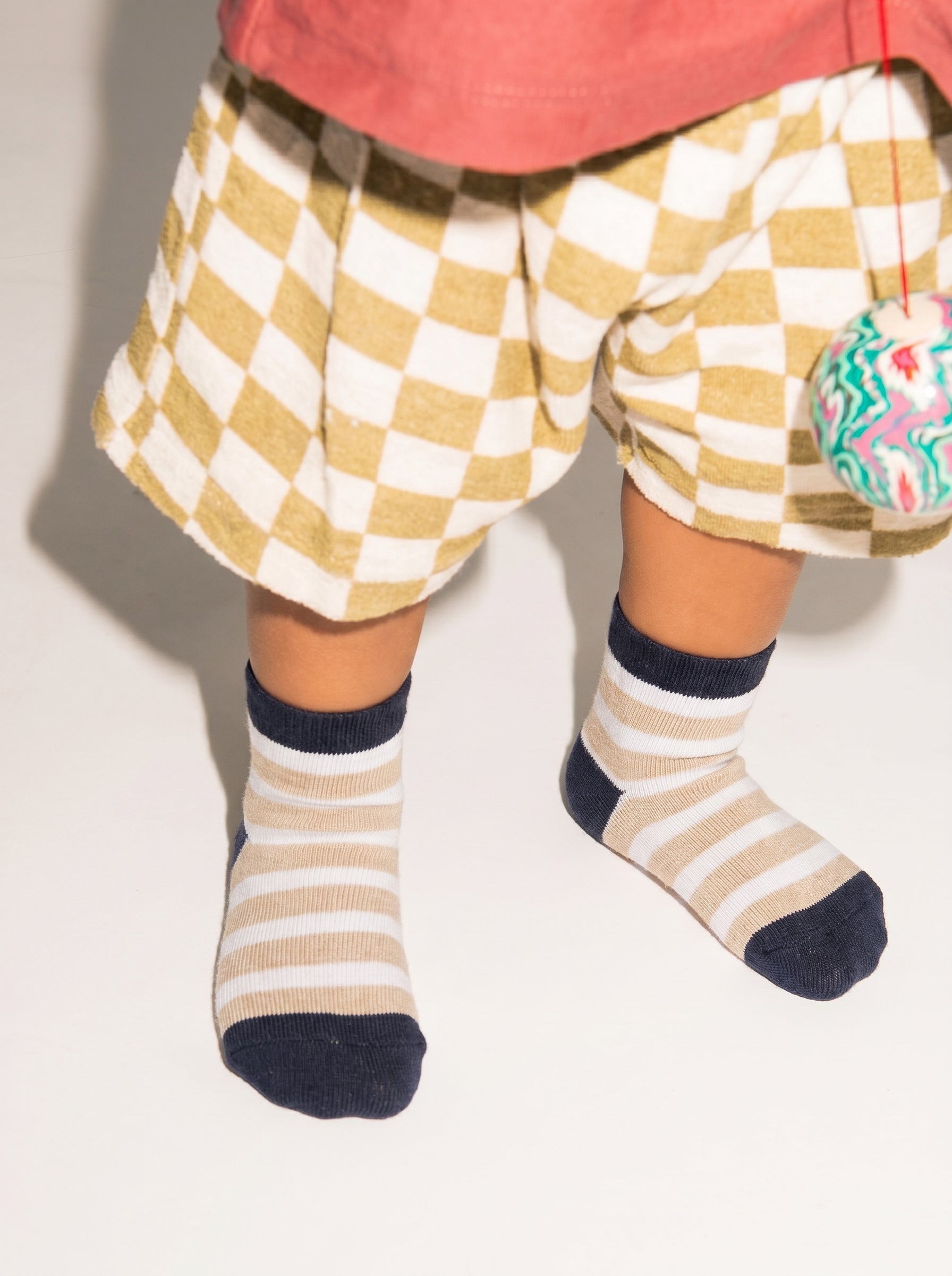 Unisex Ivory Beige Stripe Cotton Ankle Socks