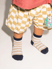 Unisex Ivory Beige Stripe Cotton Ankle Socks
