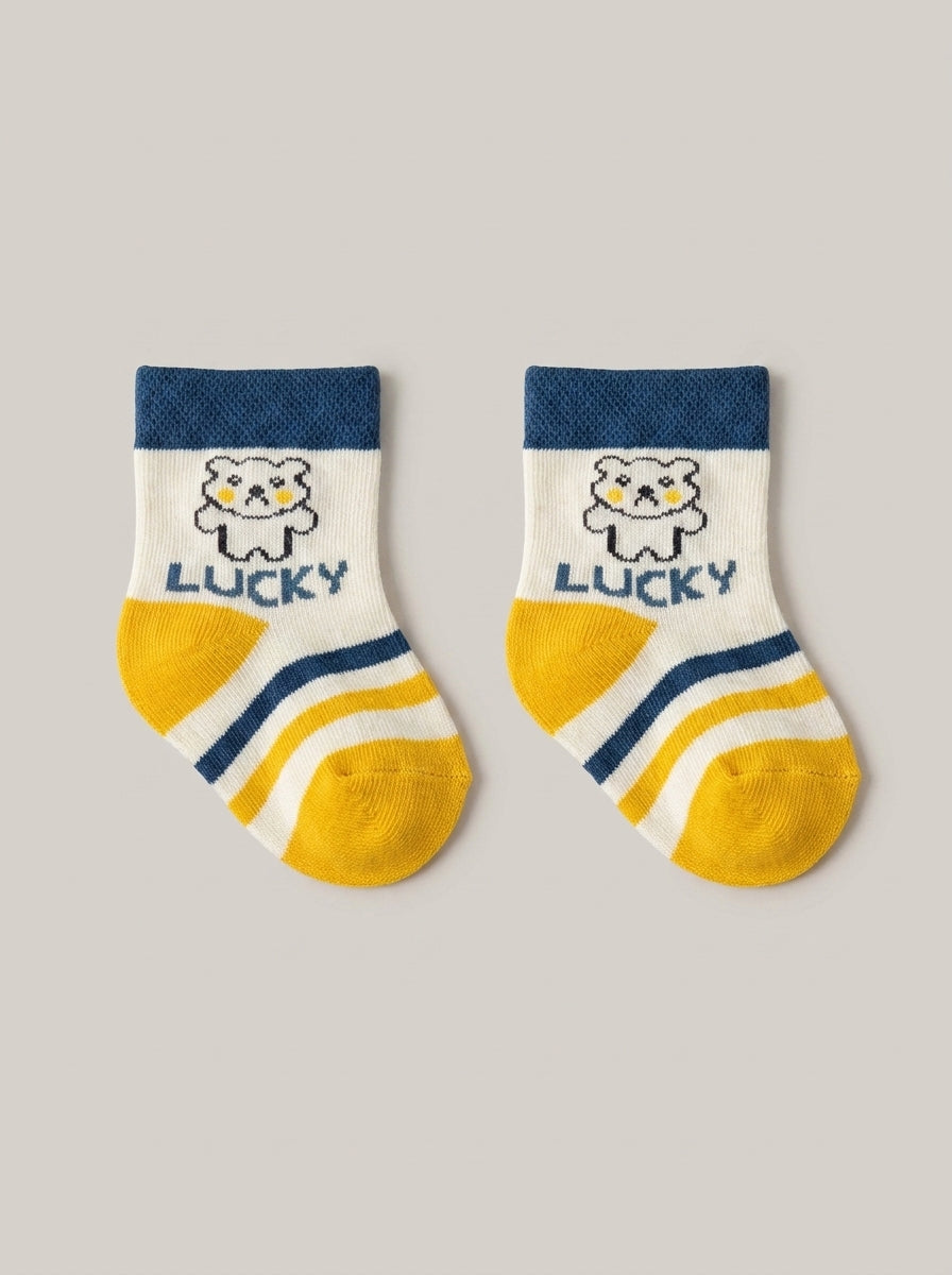 Unisex Cream Lucky Bear Cotton Ankle Socks