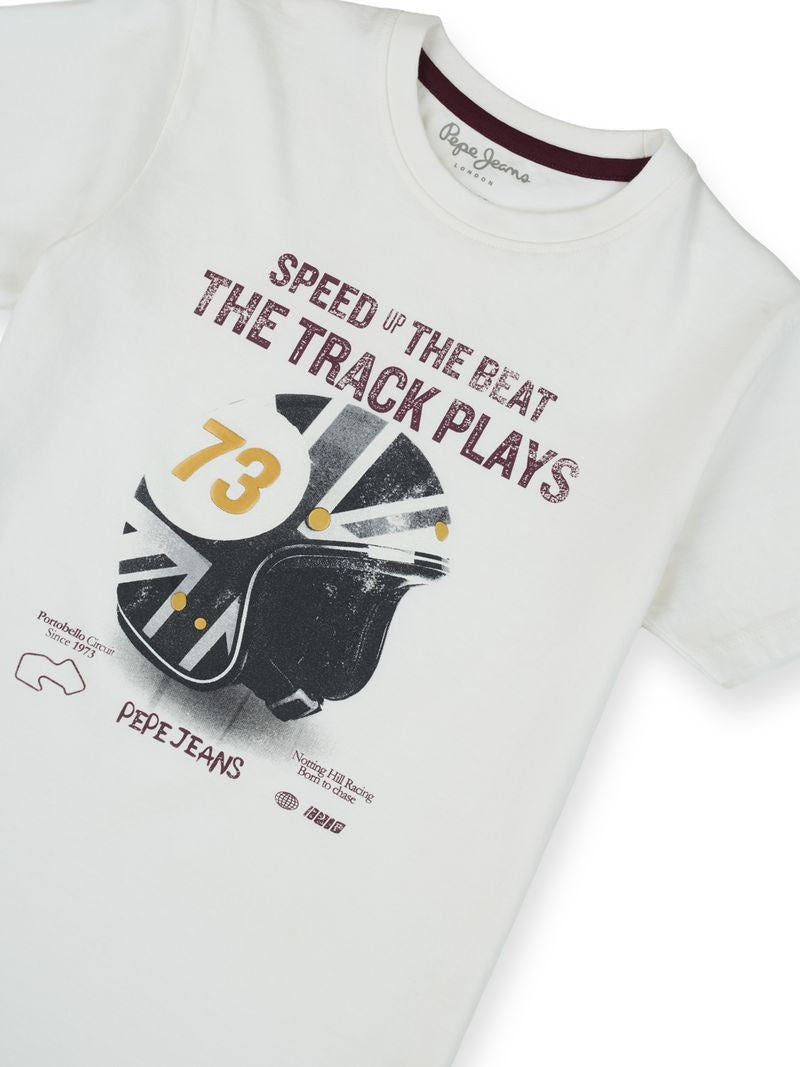 Boys Ecru Graphic Print Regular Fit T-Shirt Short Sleeves