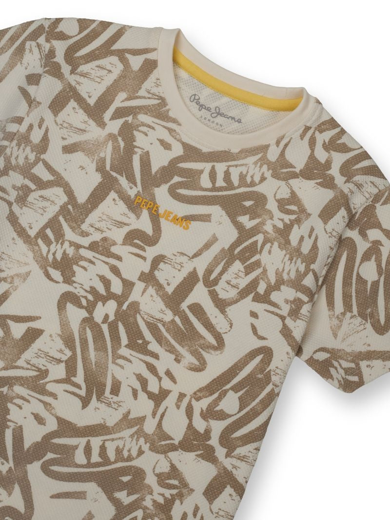 Boys Ecru Abstract Regular Fit T-Shirt