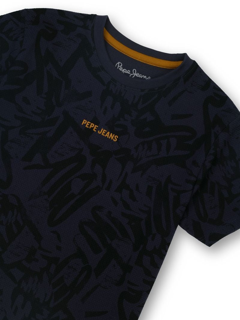 Boys Steel Grey Abstract Regular Fit T-Shirt