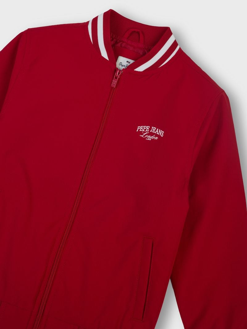 Boys Red Solid Regular Fit Jacket Full Sleeves