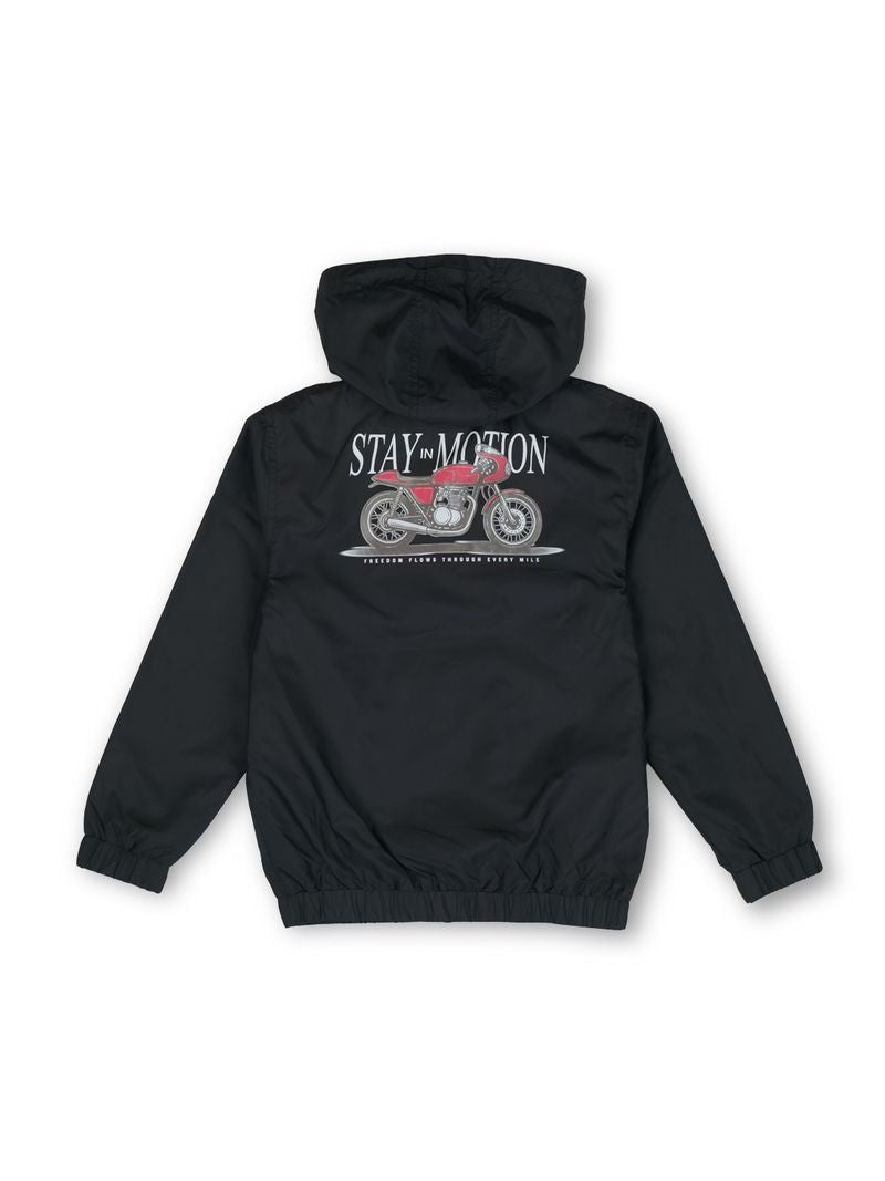 Boys Black Solid Regular Fit Jacket Non-detachable Hoodie