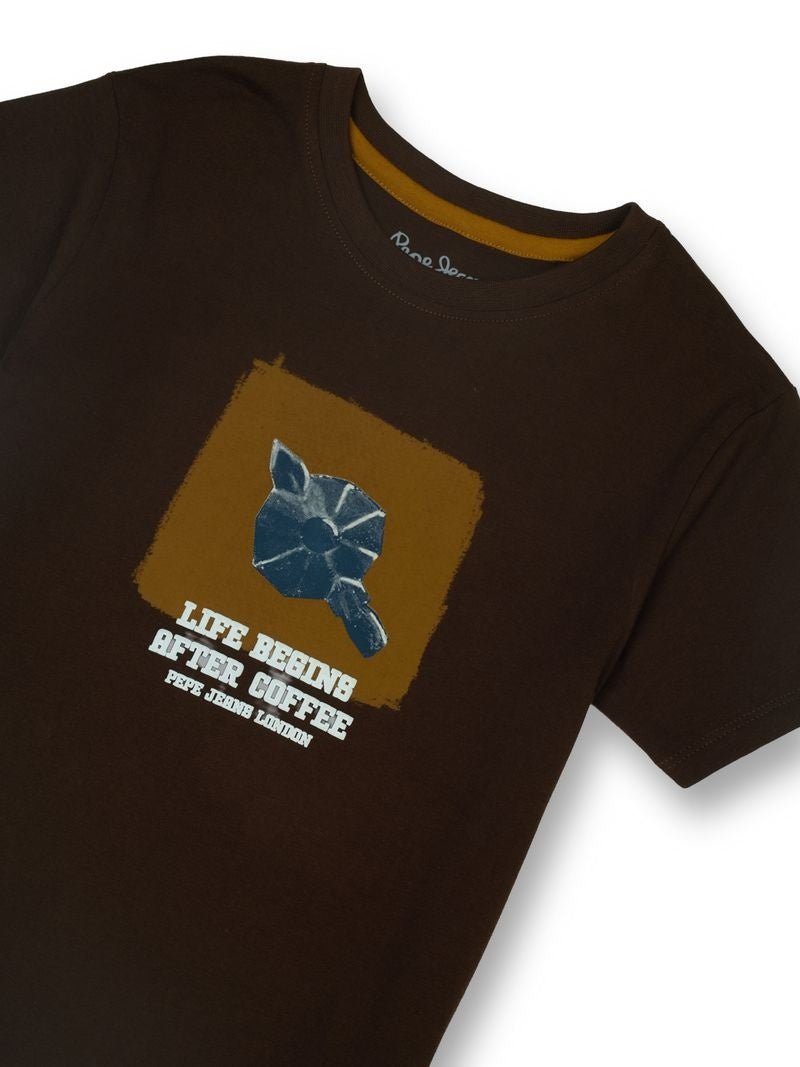 Boys Brown Graphic Print Regular Fit T-Shirt Short Sleeves