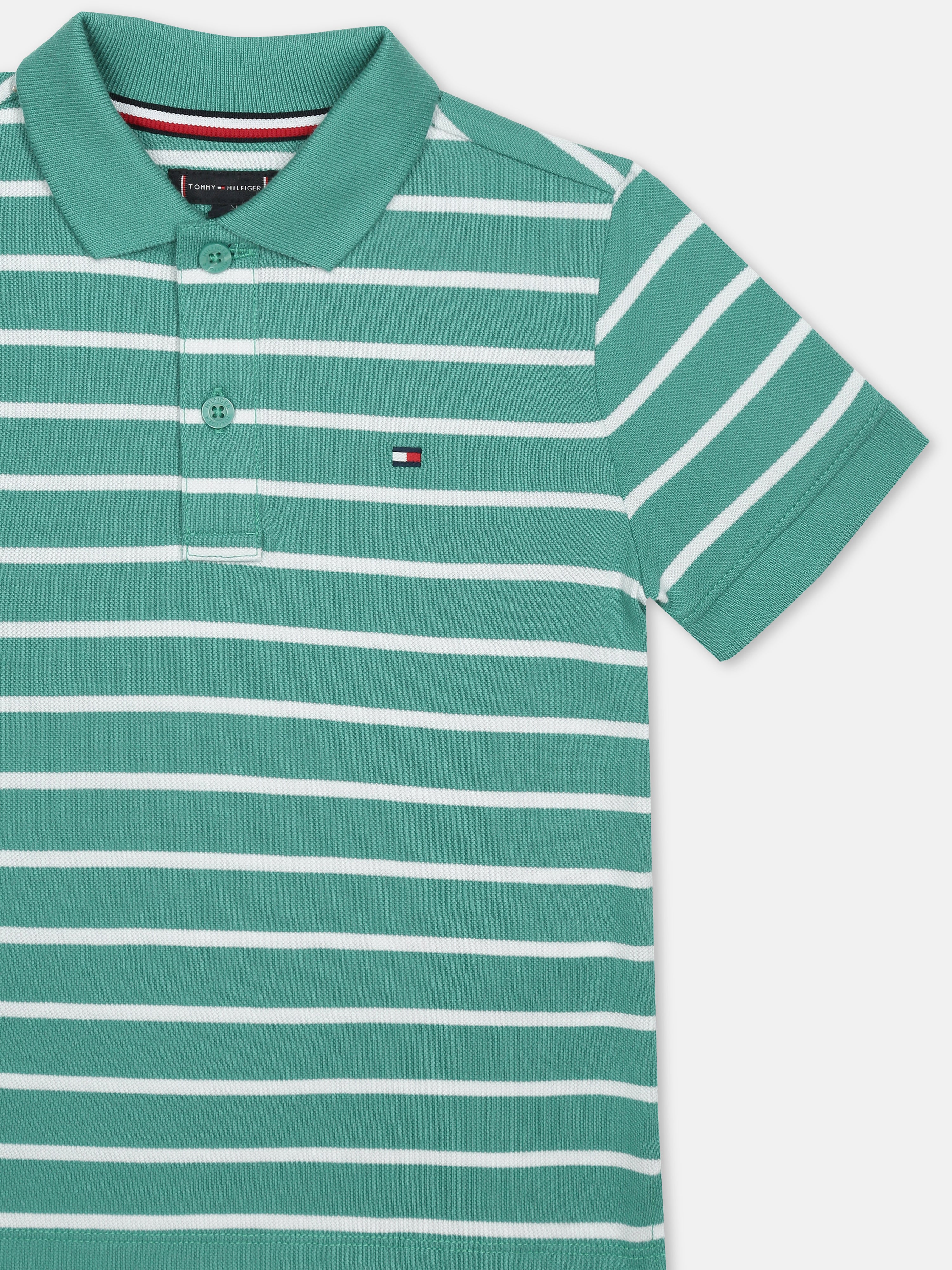 Boys Green Striped Cotton Polo Knit Top Regular Fit