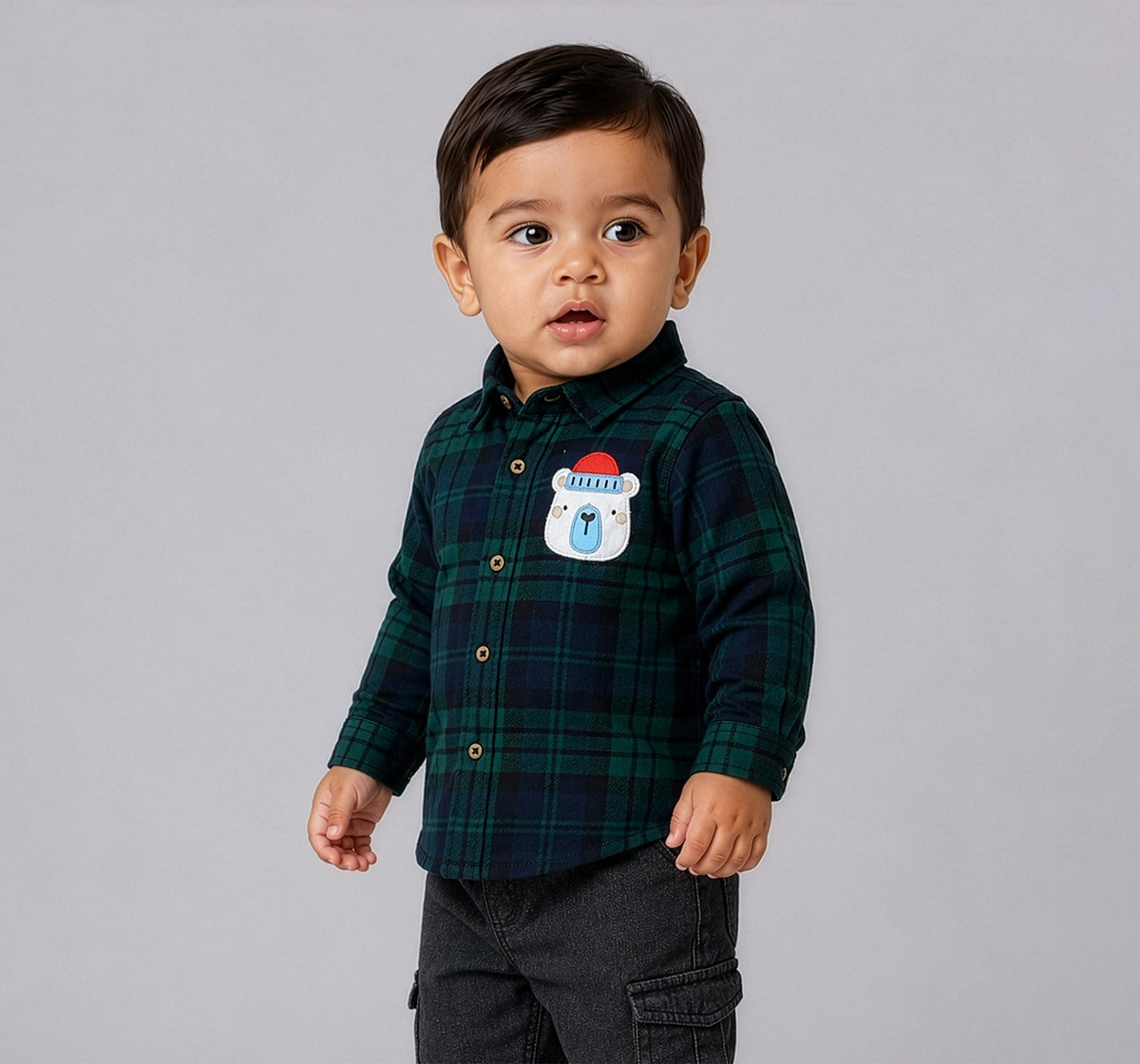 Full Sleeve Checks Shirt with Applique Green