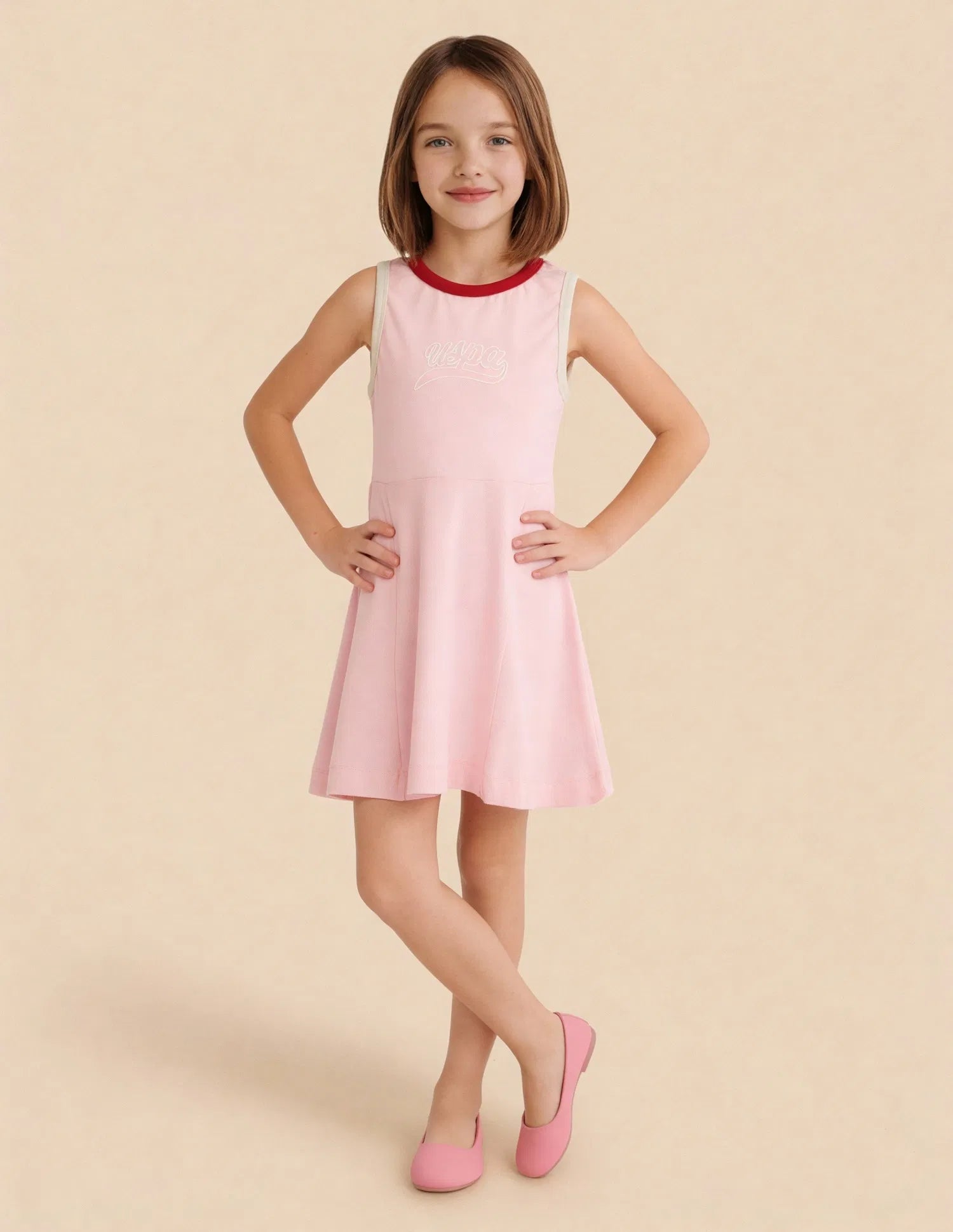 Girls Pink Cotton Contrast Rib Skater Dress