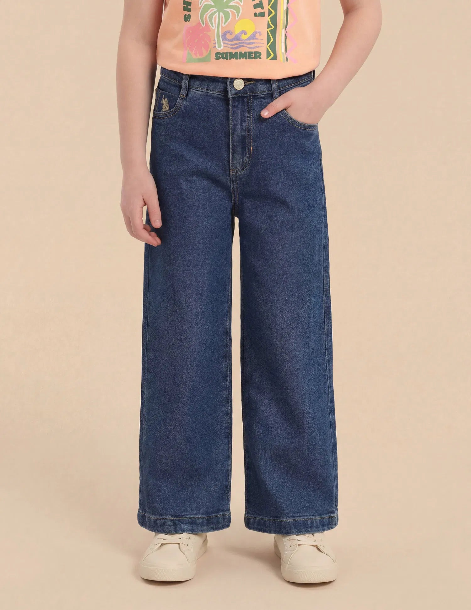 Girls Mid Blue Cotton Wide Leg Fit Jeans