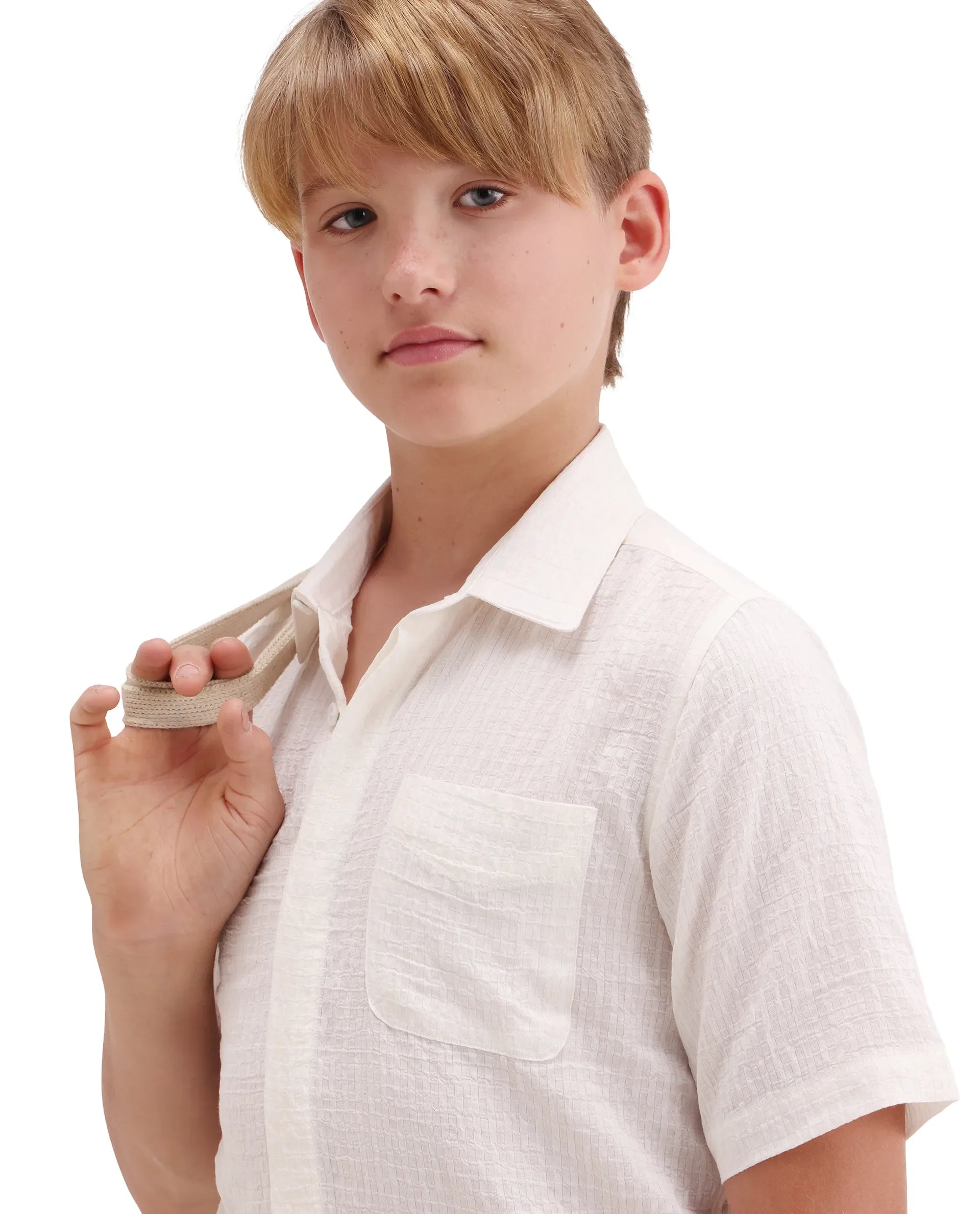 Boys Off White Viscose Blend Regular Fit Shirt
