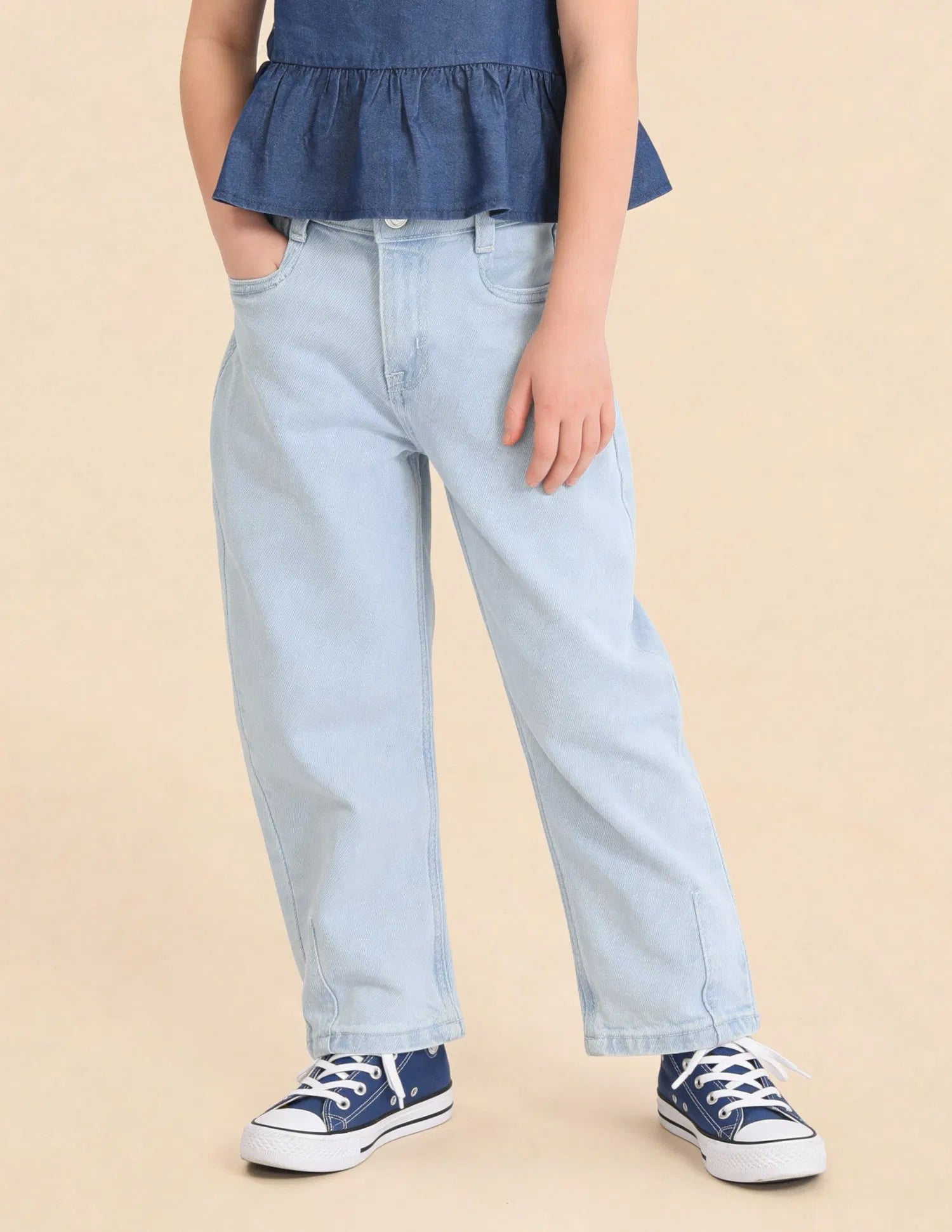 Girls Light Blue Cotton Mid Rise Barrel Fit Jeans