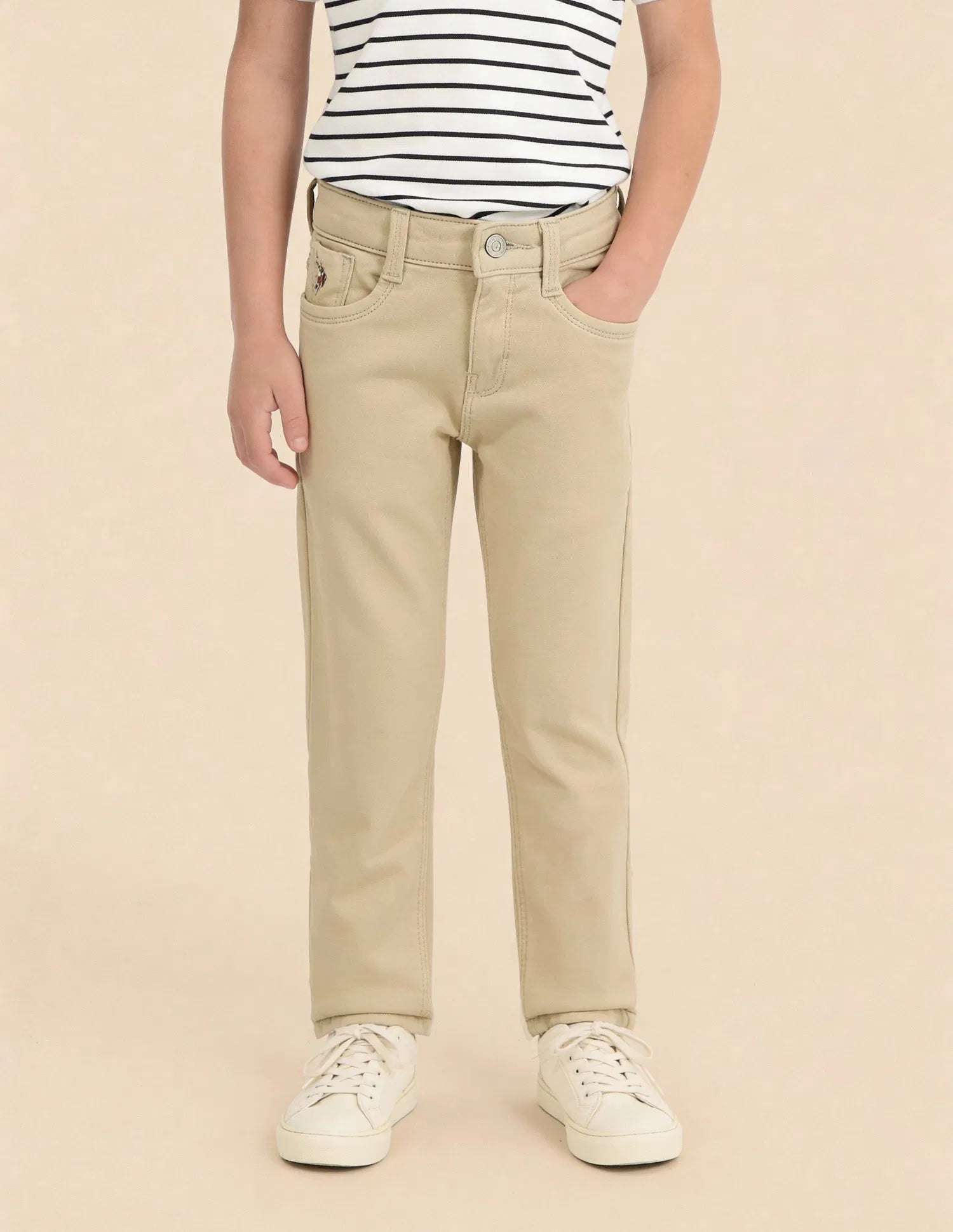Boys Khaki Cotton Mid Rise Slim Fit Jeans