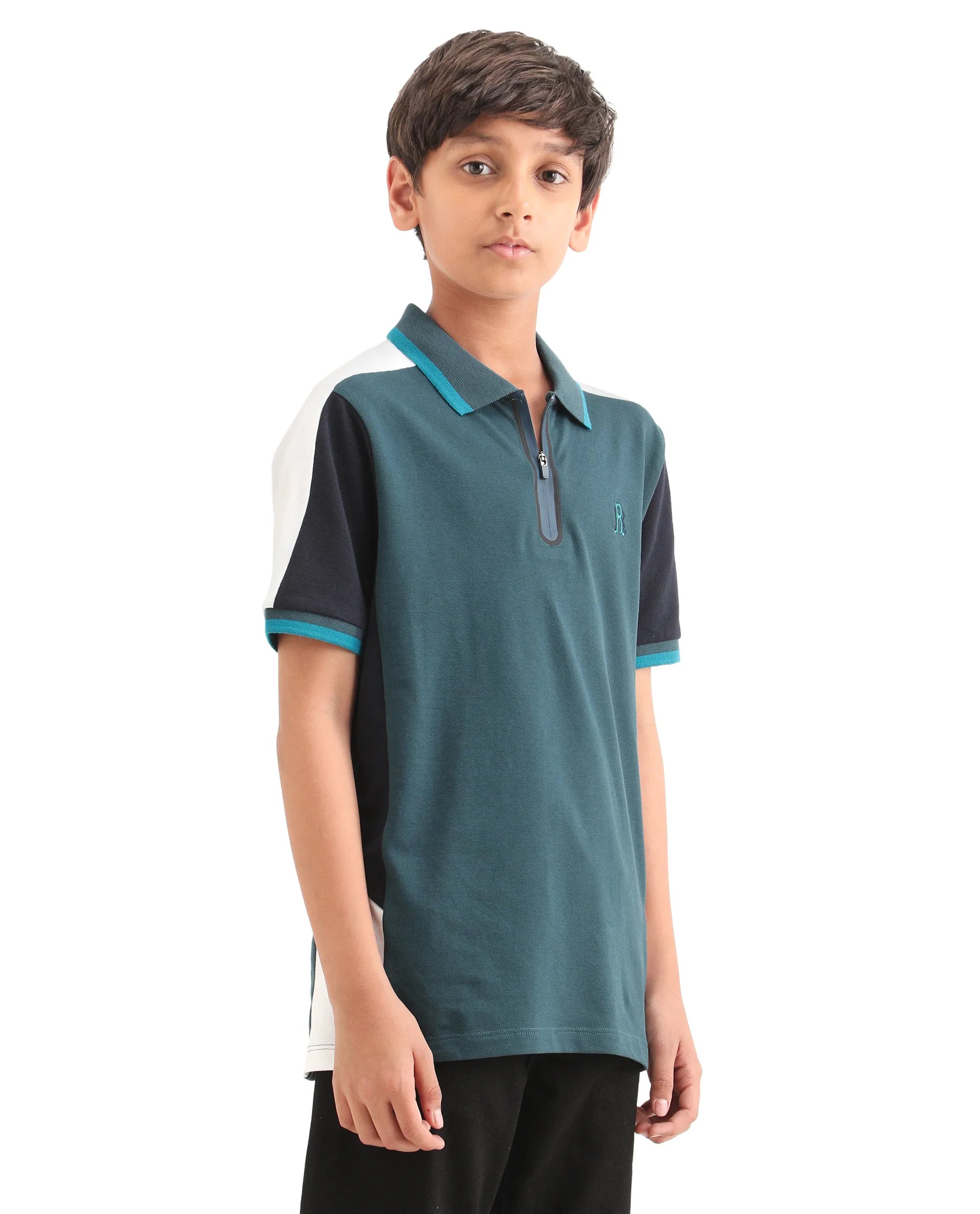 Boys Teal Embroidered Zipper Polo Shirt