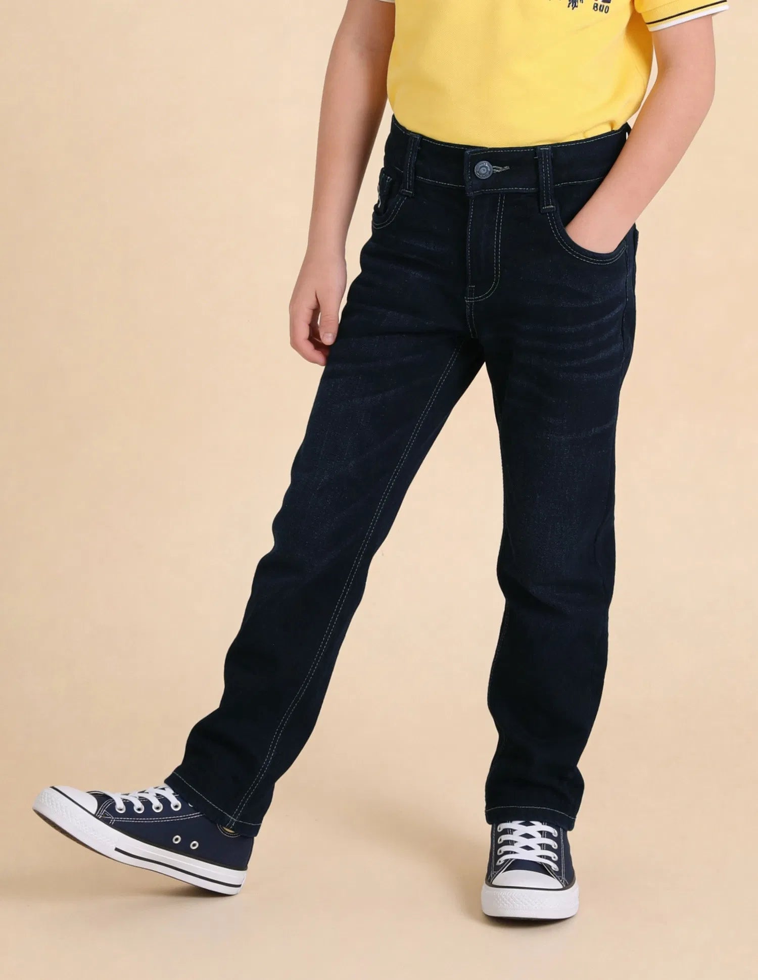 Boys Dark Blue Cotton Blend Whiskered Relaxed Fit Jeans