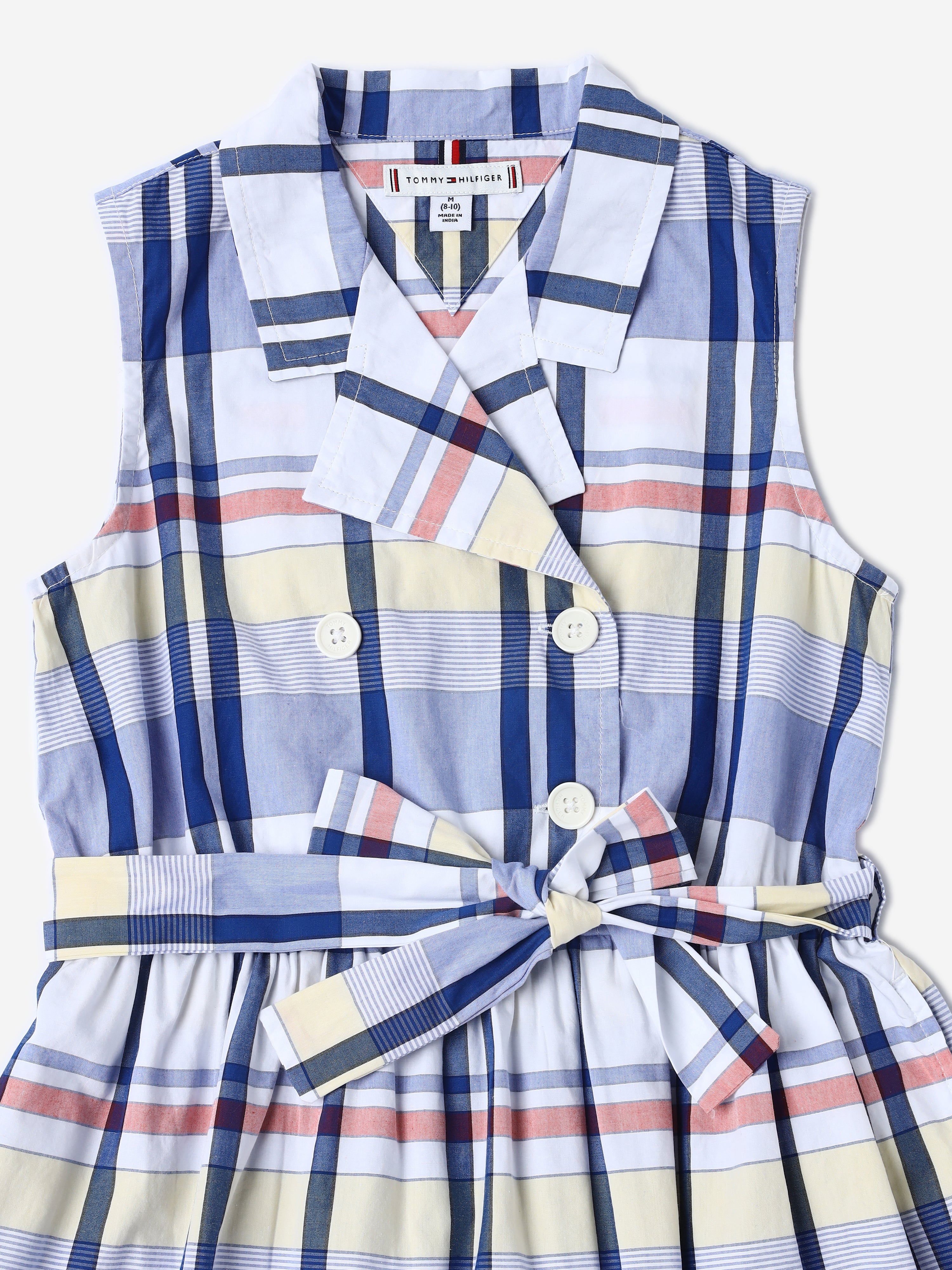Girls White Checked BCI Cotton Sleeveless Casual Dress